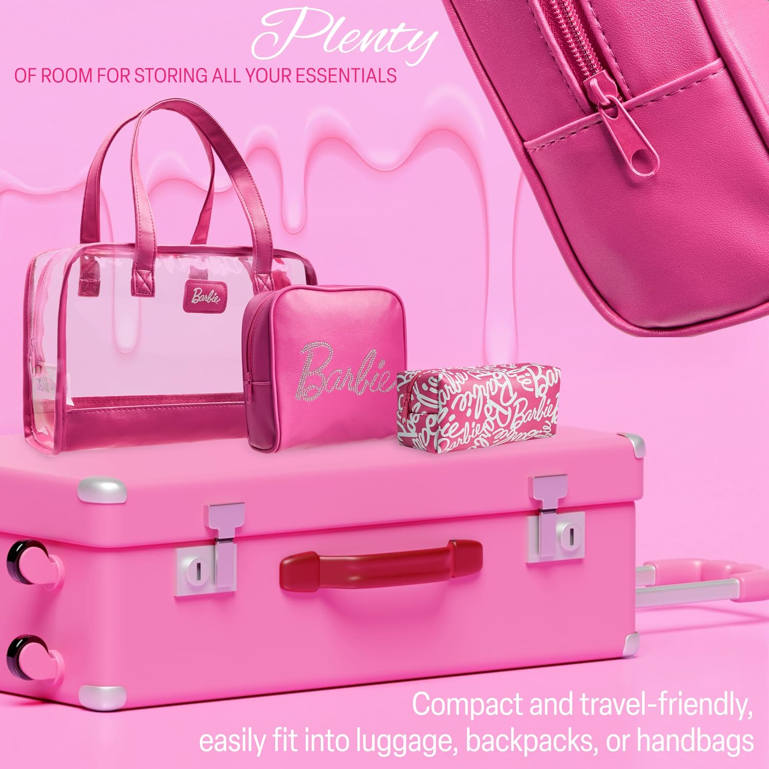 Get Trend Barbie Toiletry Bags Set of 3, Zipped Wash Bag and Cosmetic Bag Holiday Essentials