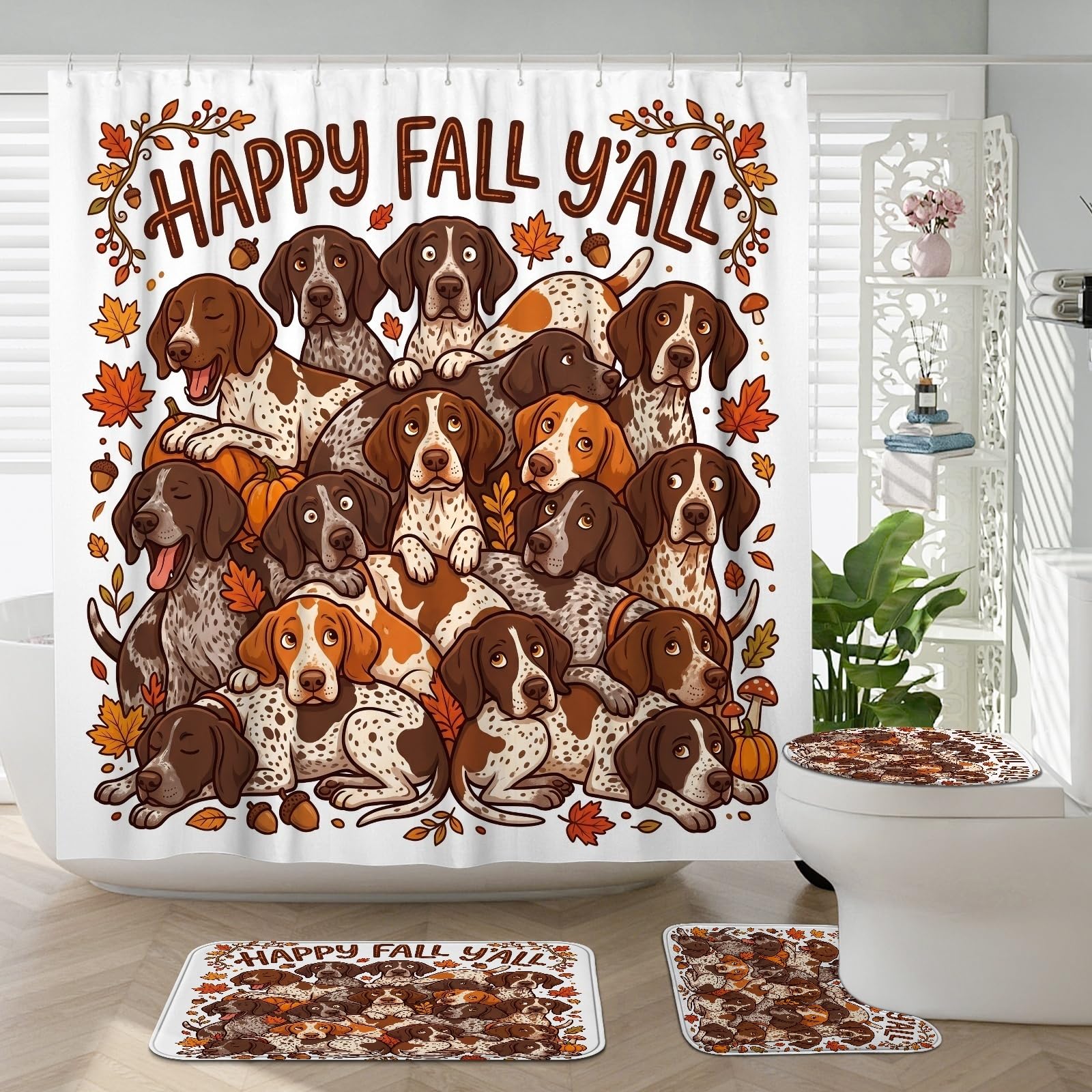 Lot de 4 rideaux de douche chien pointeur d'automne avec tapis de bain et accessoires assortis