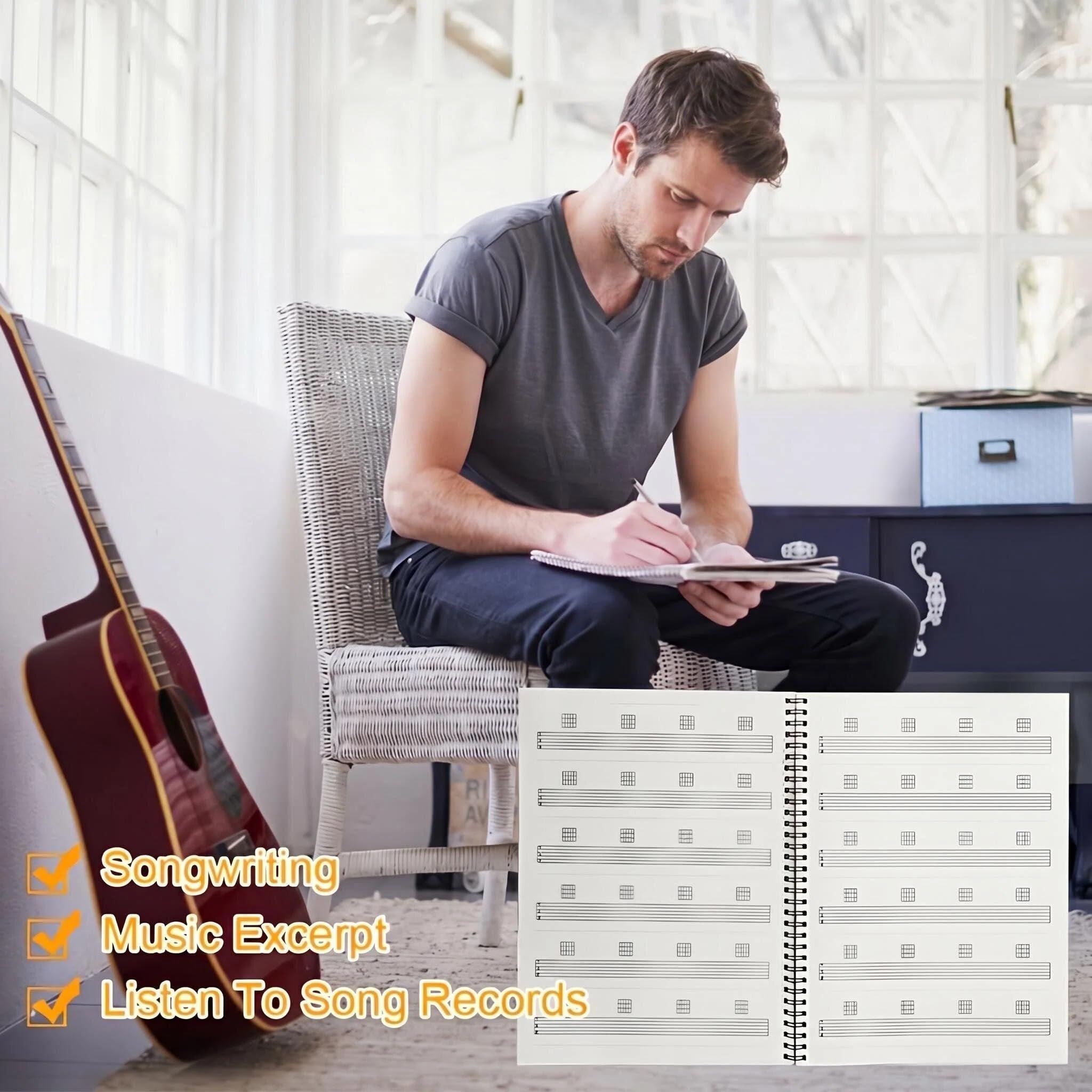 JYCSTE Cuaderno de partituras en blanco, cuaderno de tablatura de guitarra, cuaderno de papel manuscrito, hojas para notación de acordes musicales, cuaderno de guitarra, escritura de canciones