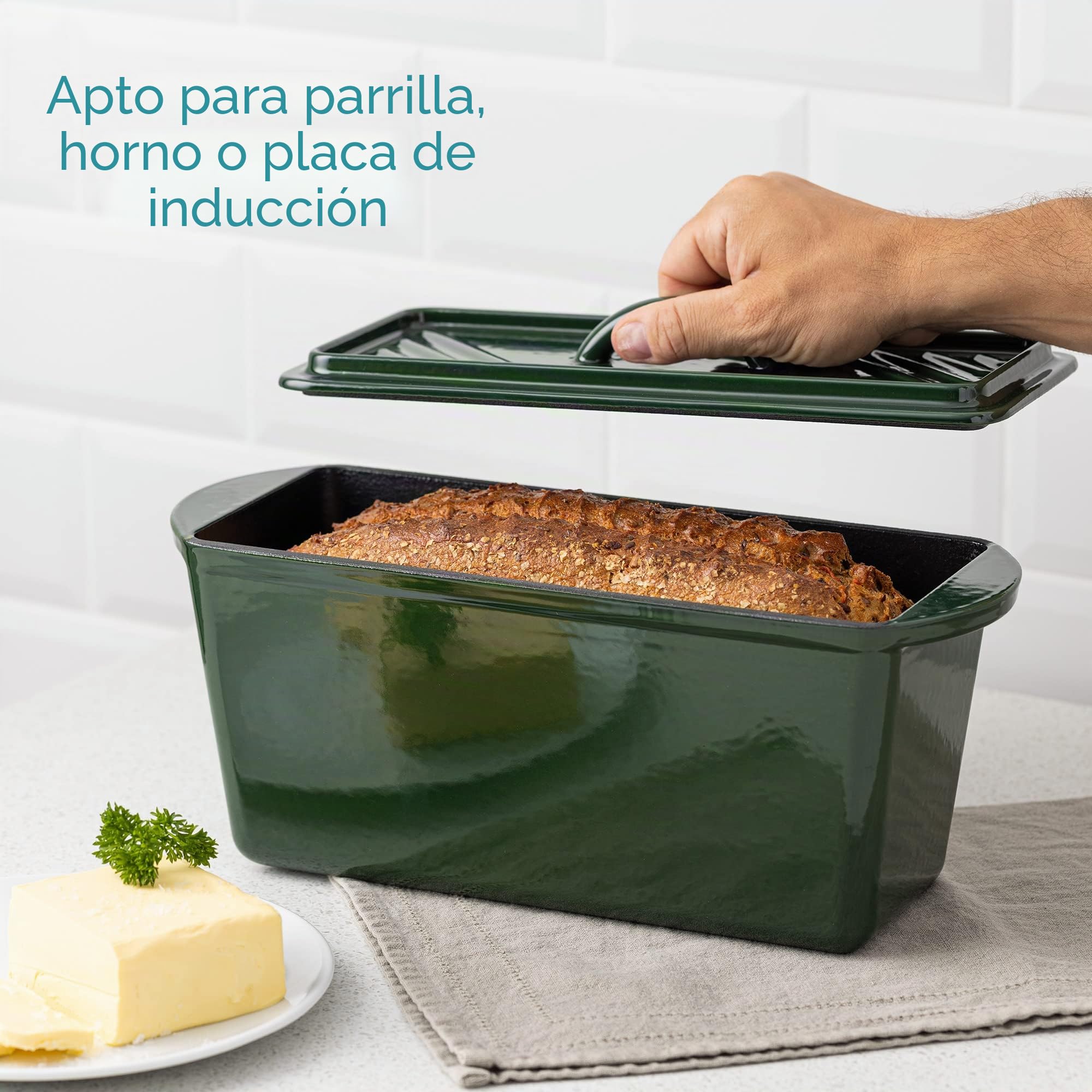 Navaris Olla para Hornear Pan - Cacerola Rectangular 34 x 13 x 13 cm de Hierro Fundido para Horno BBQ Vitrocerámica Inducción - Cazuela con Tapa - Verde