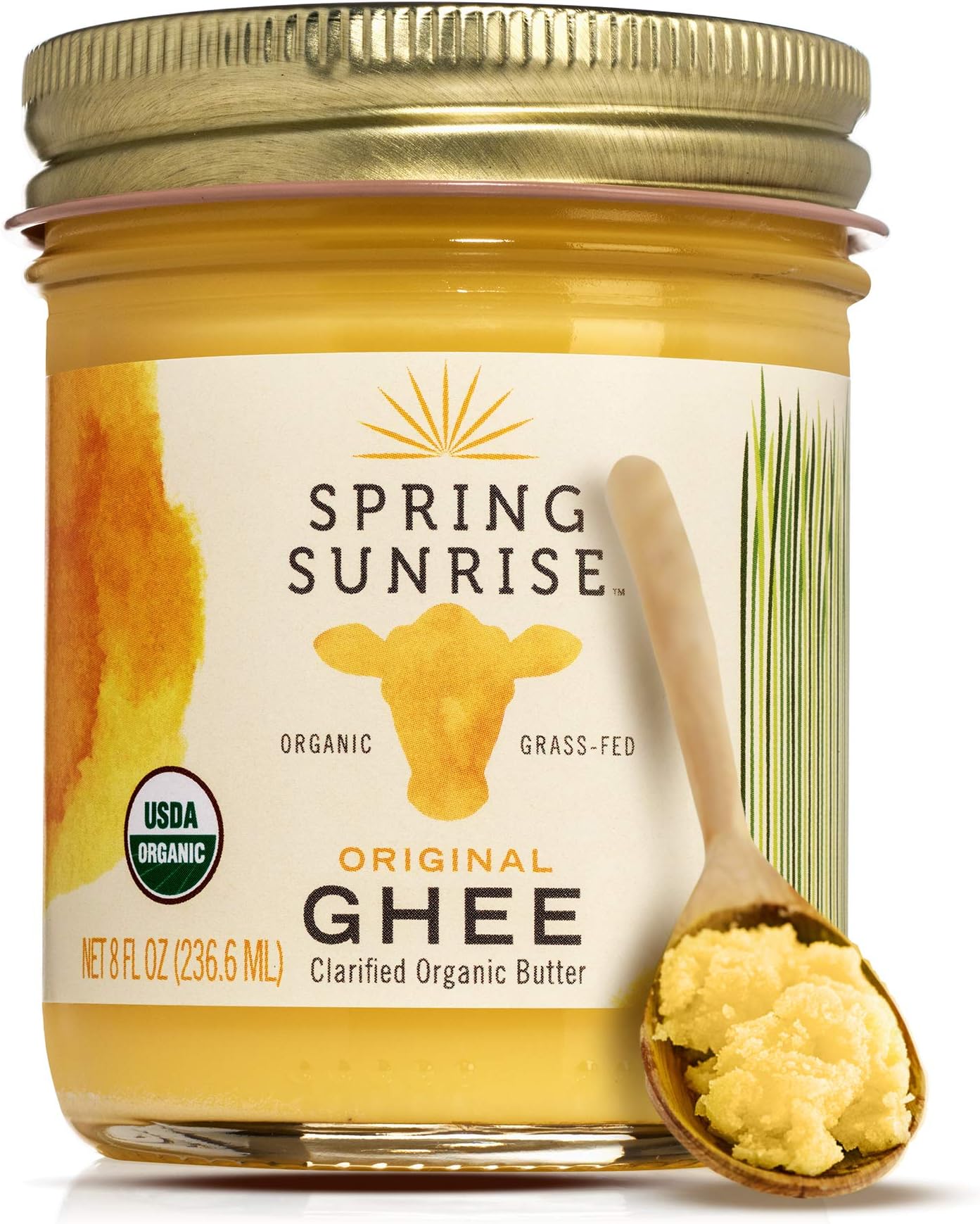 Spring Sunrise Grass Fed Organic Ghee - USDA Certified Clarified Butter - Keto & Paleo Friendly, Non-GMO, Gluten & Casein Free Cooking Oil - Sustainably Sourced - 8 oz Jar