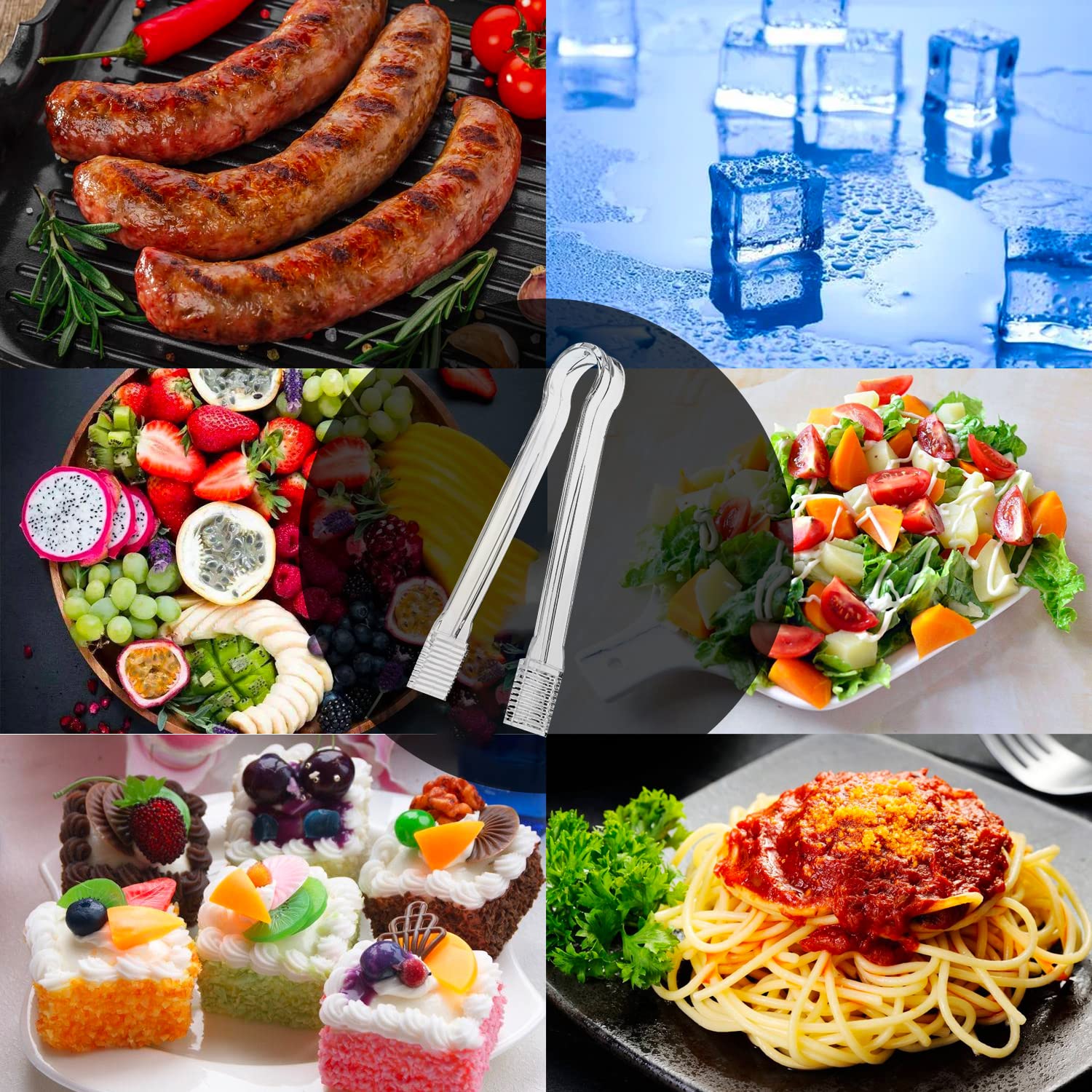 10 pinzas de plástico para servir, mini pinzas de cocina, pinzas de cocina y 10 cucharas de plástico para cocina, cuchara de hielo transparente, mini cuchara transparente para bufé de dulces, 6