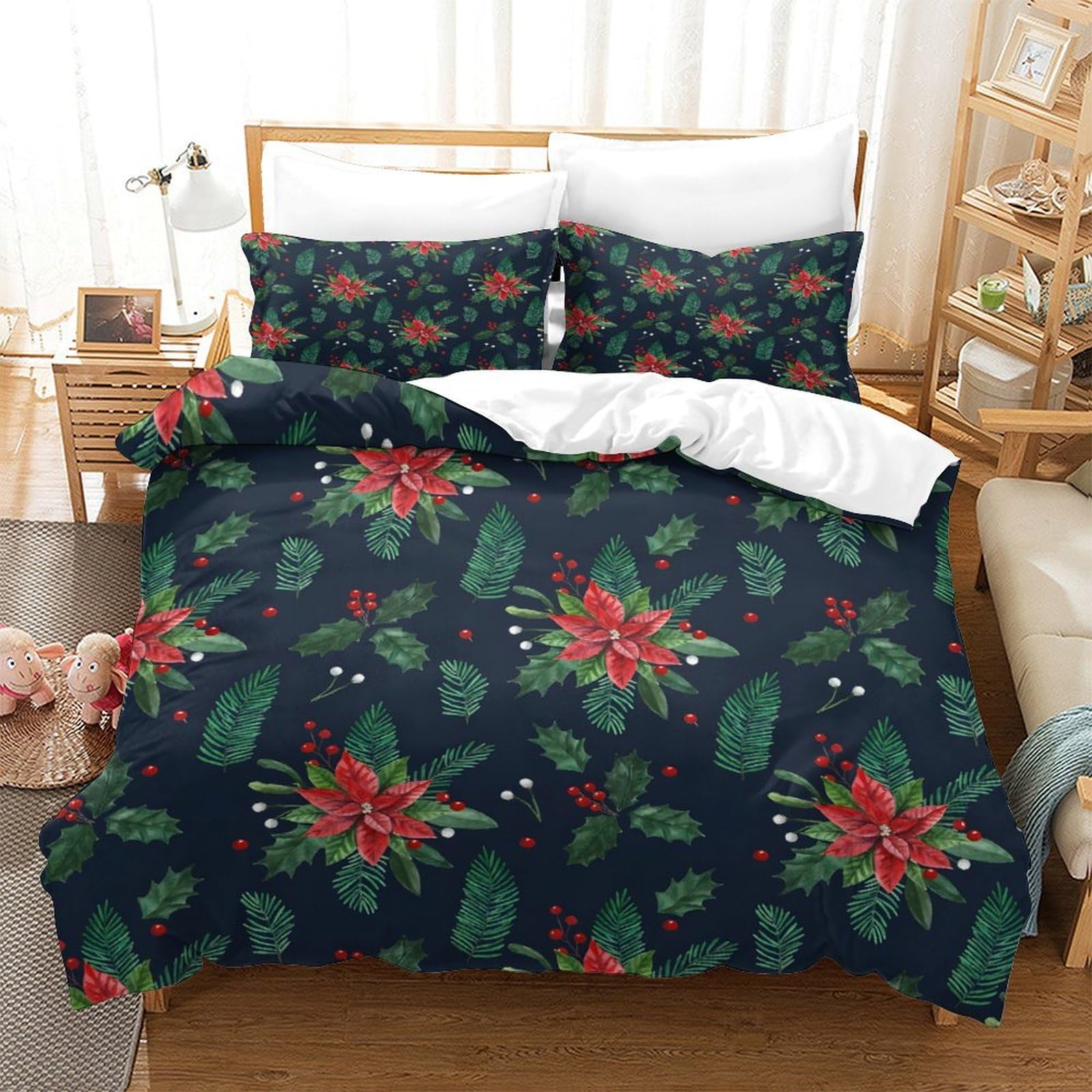 LIAOHENKAN Holly Leaves And Berries Comforter Set Bedding Set Decor Comforter Cover Duvet Cover Set Bedroom Quilt Set 3Pcs All Season Bedding with Zipper Closure Super King（260x220cm）