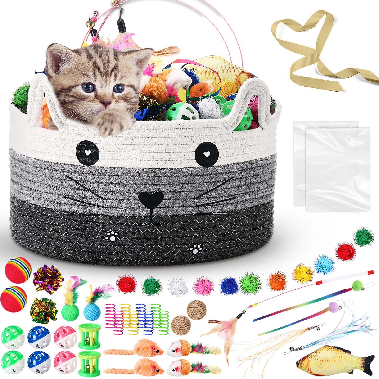 Zopeal Lot de 76 jouets interactifs pour chat, baguette pour chaton, balles clignotantes colorées, clochette pour animal domestique, balles froissées pour attirer le chaton à taper, mordre, chasser
