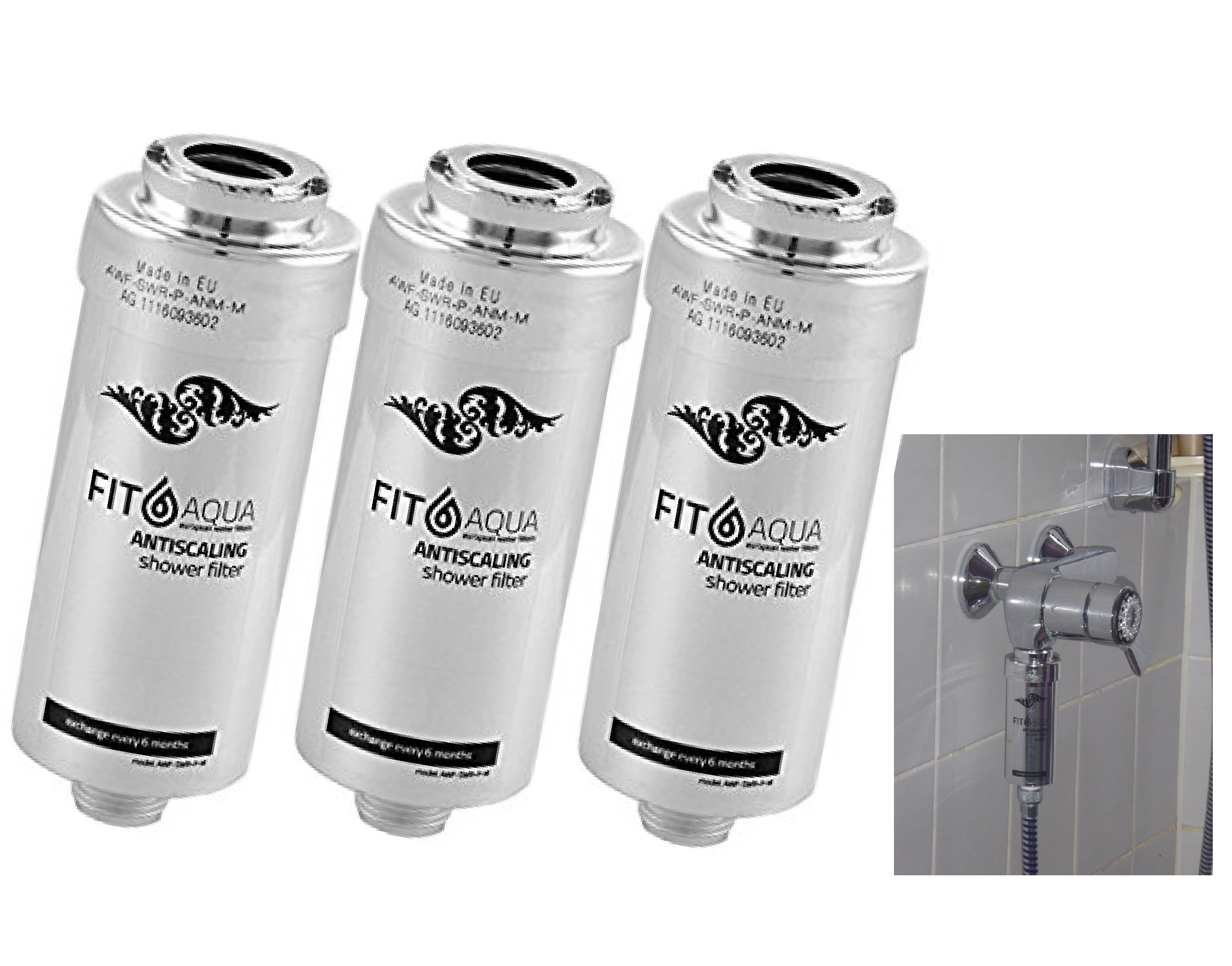 3 x FitAqua AWF-SWR-P-ANM-M Duschfilter - Antikalk Filter gegen Chlor | Chrom-Optik Wasserfilter mit 1/2 Zoll Anschluss, Schutz vor Hautirritationen für Haut und Haare und Kalksteinbildung
