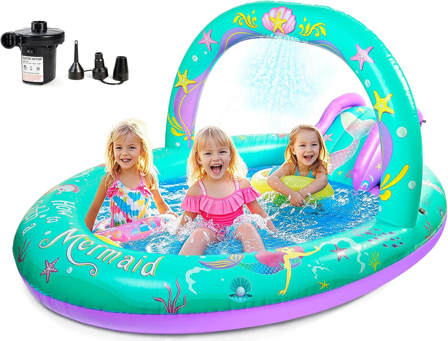 SULIFEEL Mermaid Inflatable Play Center Kiddie Pool with Slide and Sprinkler for Children, 96”x59”x39” Baby Pool for Backyard and Garden, Free Inflatable Pump