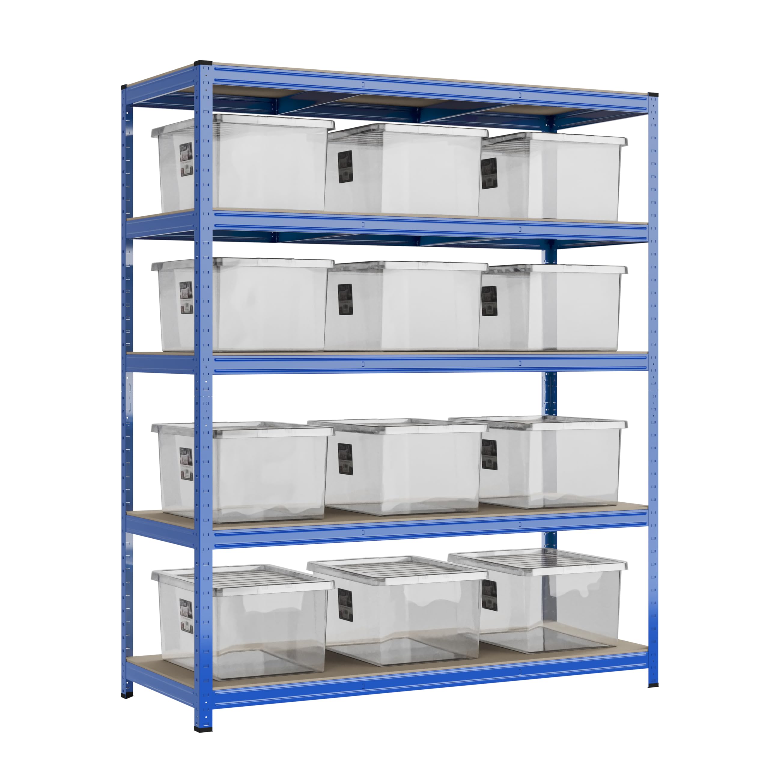 Racking Solutions Heavy Duty Garage Shelving Unit 200KG Per Shelf With Wham Bam Storage Boxes 1000KG Weight Capacity (1800mm H x 1500mm W x 600mm D)