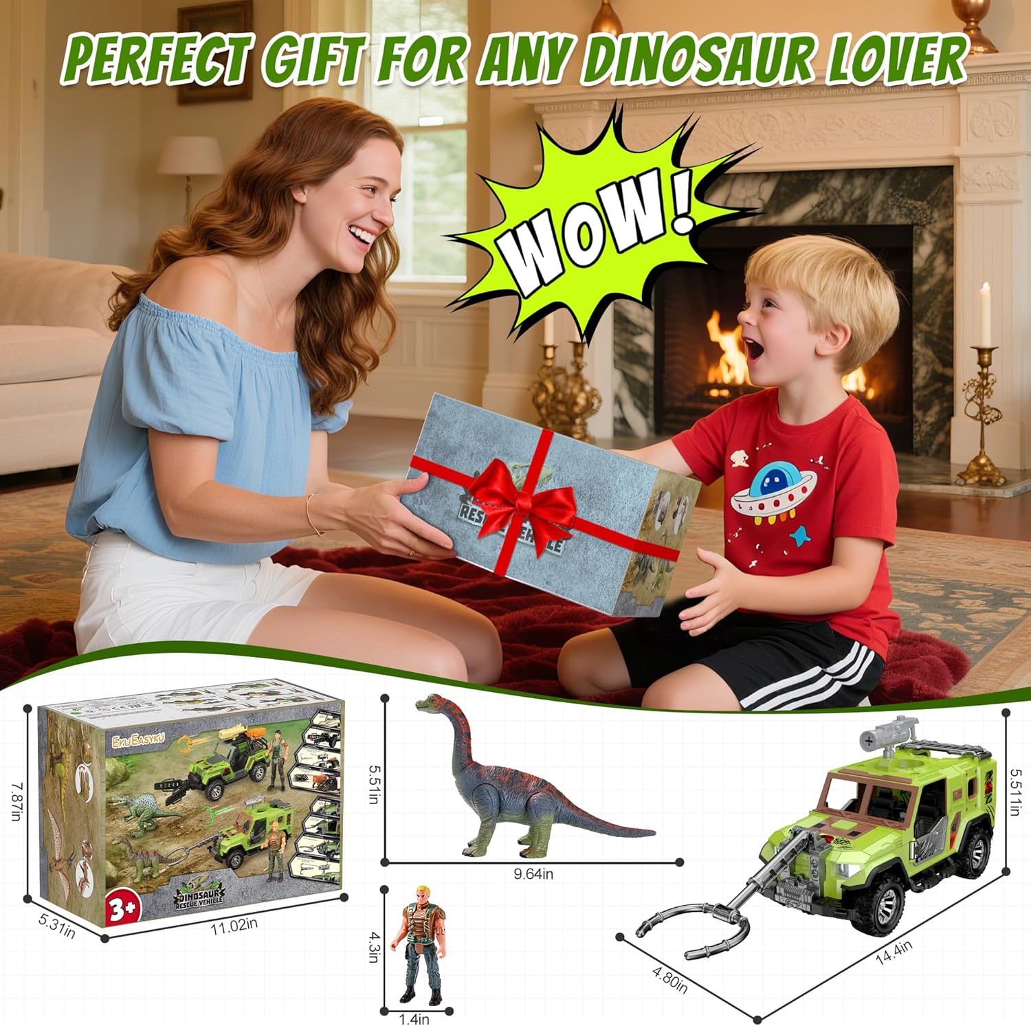 EKU Dinosaur Toys Capture Truck with Human, 10 Realistic Sounds, 15ft Launch, Wide Mouth Fork, Head Movable Brachiosaurus Dino for Jurassic World Role Play Adventure Rescue Birthday Gift for Kids 3+