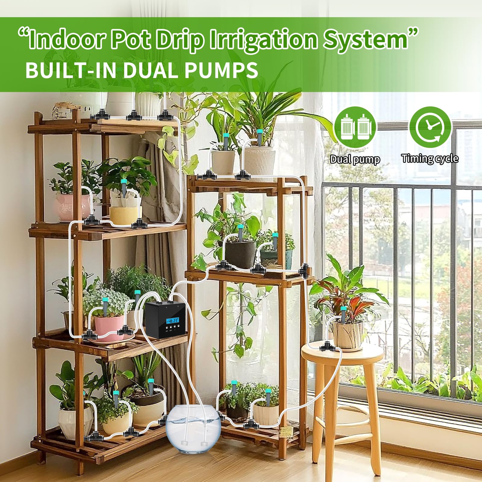 Dispositivi di irrigazione delle piante - Sistema automatico a doppia pompa per 20 vasi, timer intelligente 30 giorni con ricarica USB-C - Ideale per giardini e balconi interni