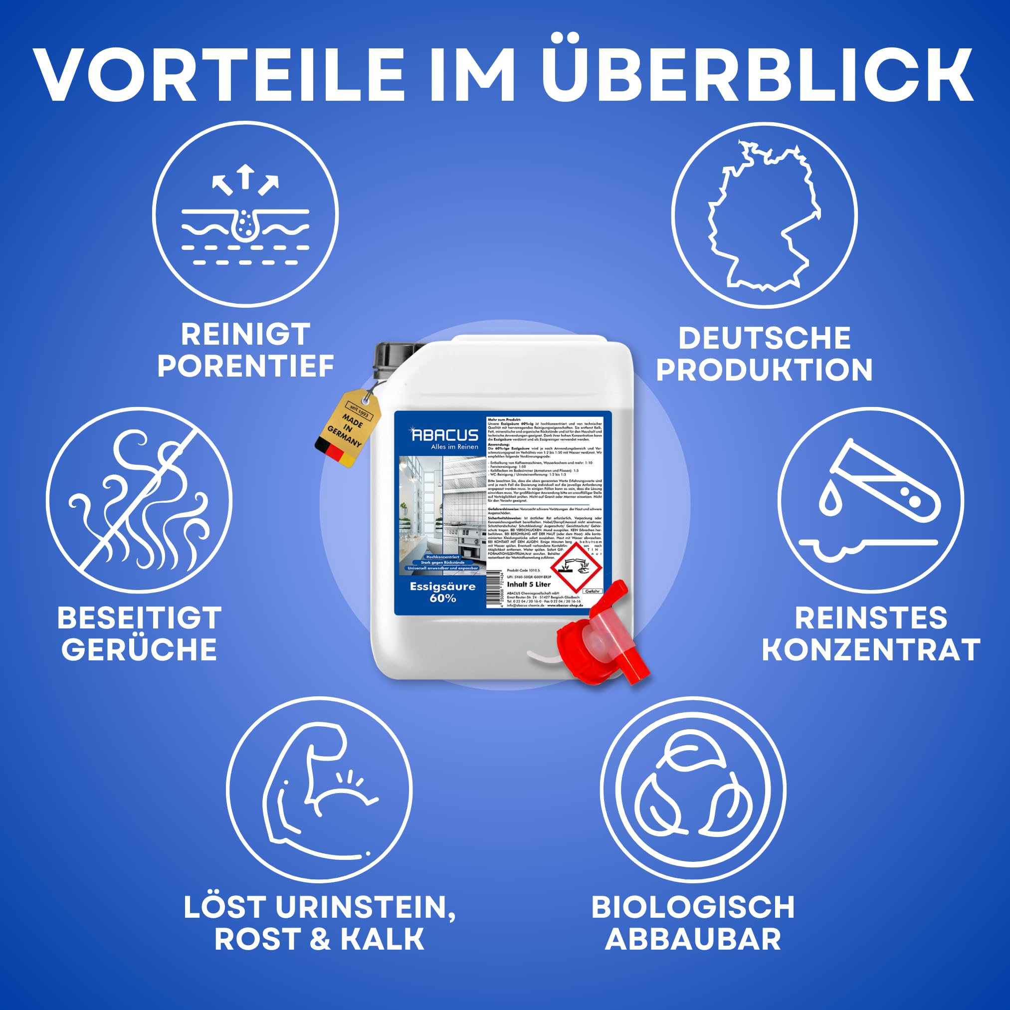 ABACUS® Essigsäure 60% | Hochkonzentrierte Essigsäure für Haushalt, Garten & Industrie | Vielseitig einsetzbar als Essigreiniger zum Reinigen & Entkalken | Individuell verdünnbar | 15 Liter