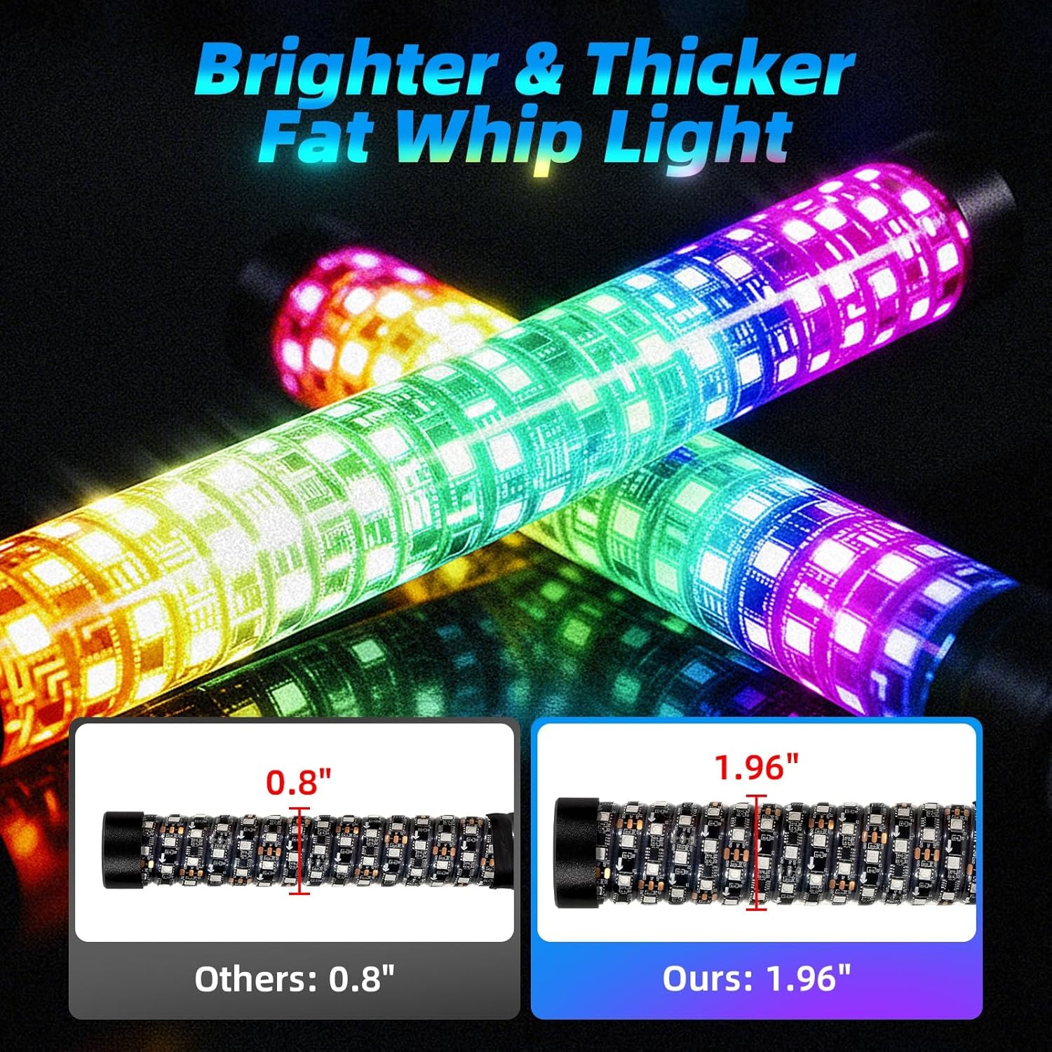1FT Fat Whip Lights LED Whip Lights for Side by Side Music Antenna Light Spiral RGB Chase Light Whips for UTV ATV Dune Buggy with APP & Remote Compatible with Polaris RZR Can-Am Maverick, 2 Pack