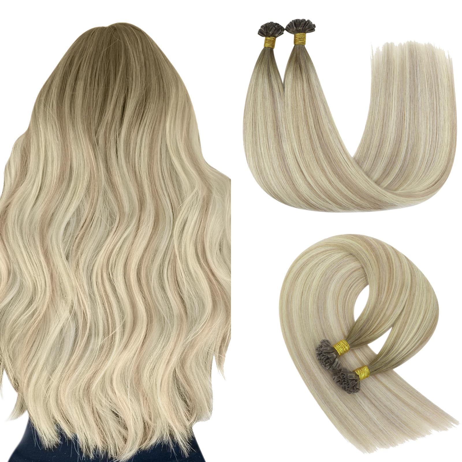 YoungSee Extensions Echthaar Bondings Ombre Bonding Extensions Echthaar 1g 50cm Remy Echthaar Extensions Bondings Dunkel Aschblond Ombre Platinblond Keratin U Tip Bonding Hot Fusion 50g 18/60A/60