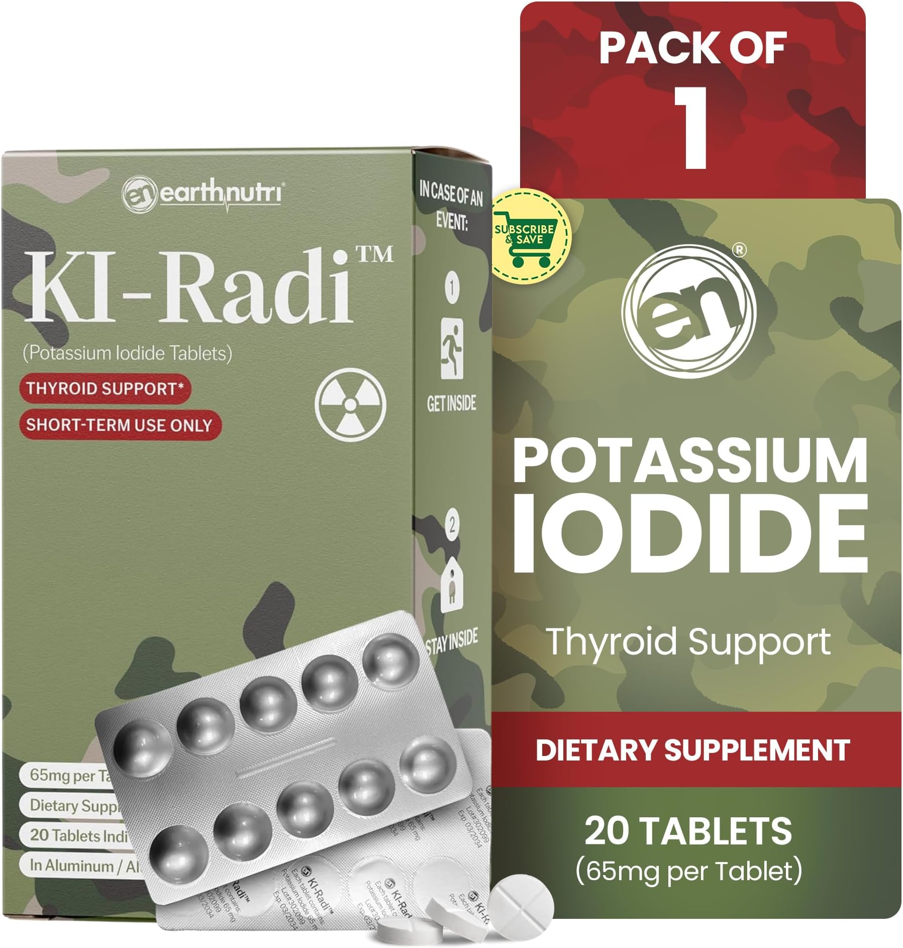 EarthNutri KI-Radi™ Potassium Iodide KI Tablets 65 mg – High Potency Iodine for Thyroid Support, Emergency Preparedness – Potassium Supplement in Foil-Foil Blister Seal – 20 Tablets (1 Pack)