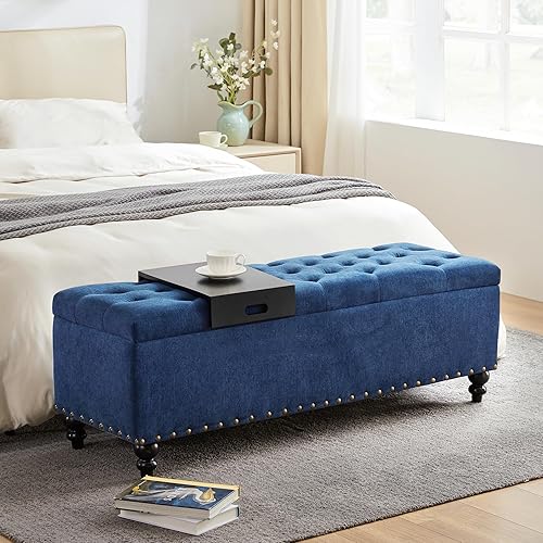 Miniatura 39 de HUIMO Banco otomano de almacenamiento de 51 pulgadas con bandeja extraíble, tela de mezcla de lino y algodón, botones acolchados, bisagra de Bandeja
