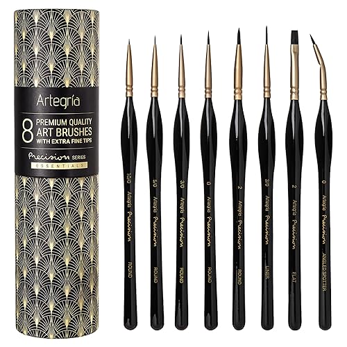ARTEGRIA Detail Paint Brush Set, 8 Miniature Brushes with Extra Fine Tips and Ergonomic Handles, for Small Scale Models, Figurines, Paint by Numbers for Adults - Black; Golden - 8pcs set