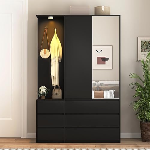 Miniatura 8 de Armario de 68.5 pulgadas con puerta de espejo, armario independiente moderno de 3 puertas de madera acanalada con 2 cajones y armario de