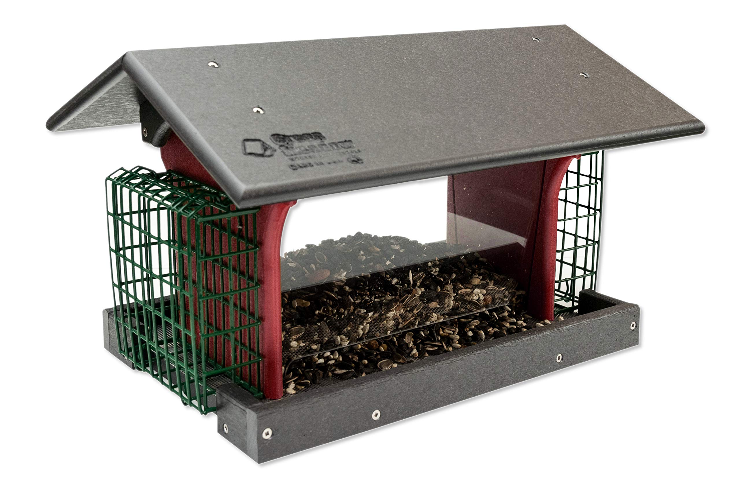 Large Plastic Poly Hopper Bird Feeder with Two Suet Cages, Bird Feeders for Outdoors for Bird Food, Wild Bird Seed (Gray & Bright Red - Post Mount)