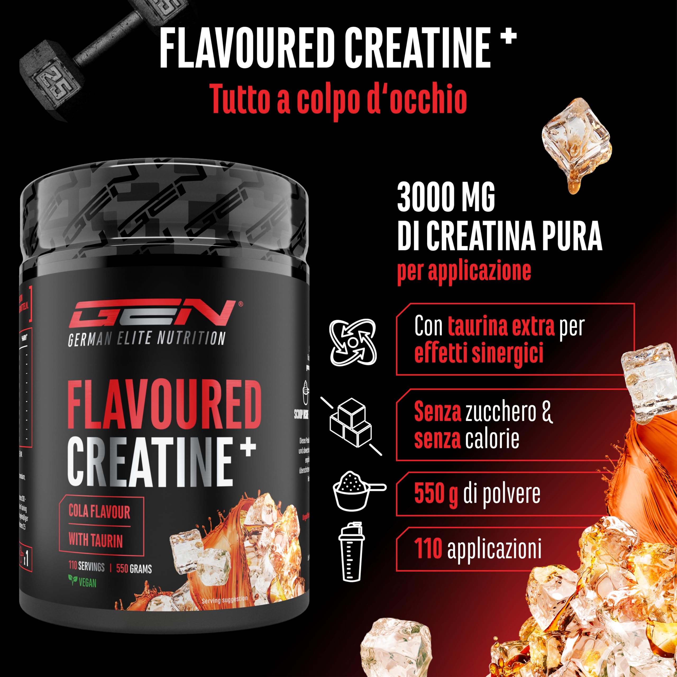 Flavoured Creatine polvere - 550 g - creatina monoidrato + L-taurina - creatina micronizzata aromatizzata - senza zuccheri & ottima solubilità - vegano (Cola)
