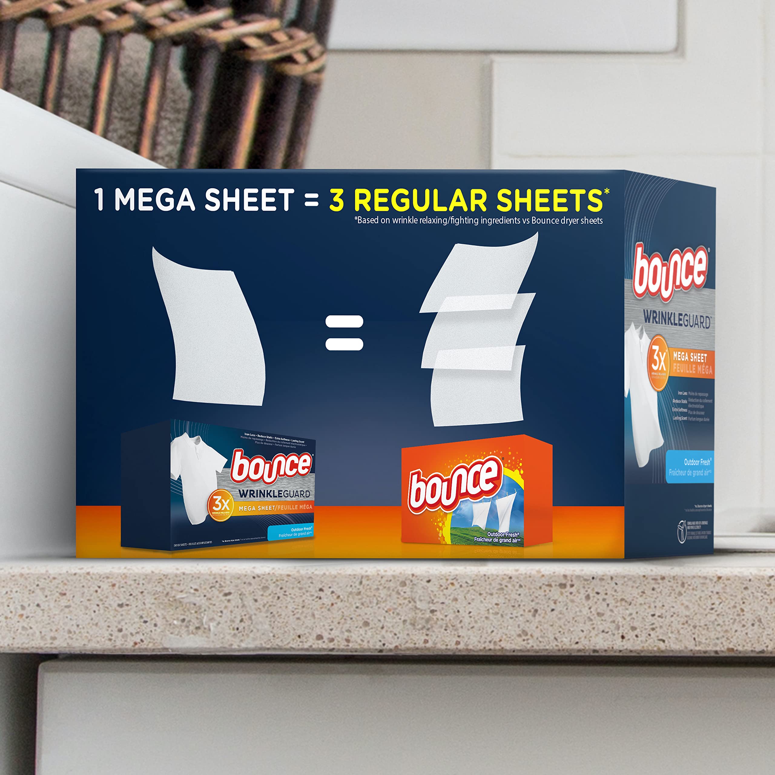 Bounce Wrinkle Guard Mega Secador Sábanas, suavizante de tela y liberador de arrugas, aroma fresco al aire libre, 80 unidades
