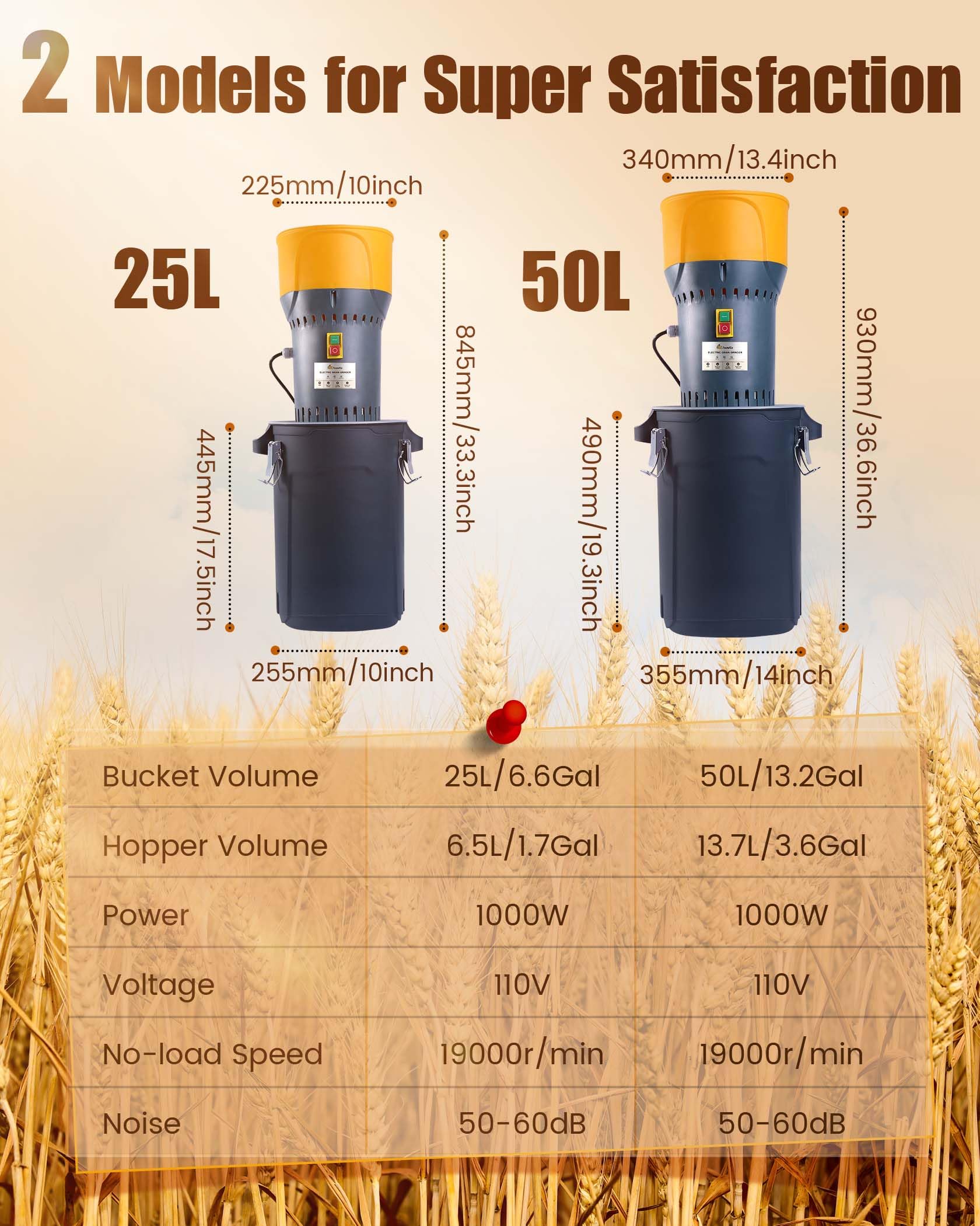 Molinillo de molino de grano de alimentación agrícola eléctrica de 6.6gal para especias de maíz de trigo con 5 filtros 110V 1000W 25L 2