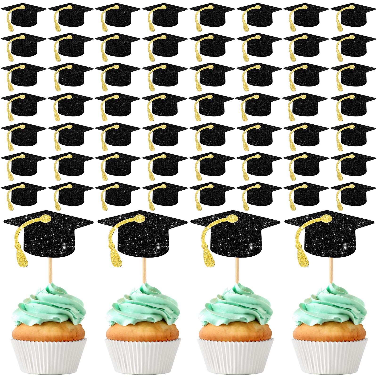 Leinuosen 100 Pcs 2025 Graduation Cap Cupcake Toppers Bulk Glitter Congrats Grad Cap Cupcake Picks with Tassels for Class of 2025 Graduate Party Cake Decorations Supplies(Gold Tassel)