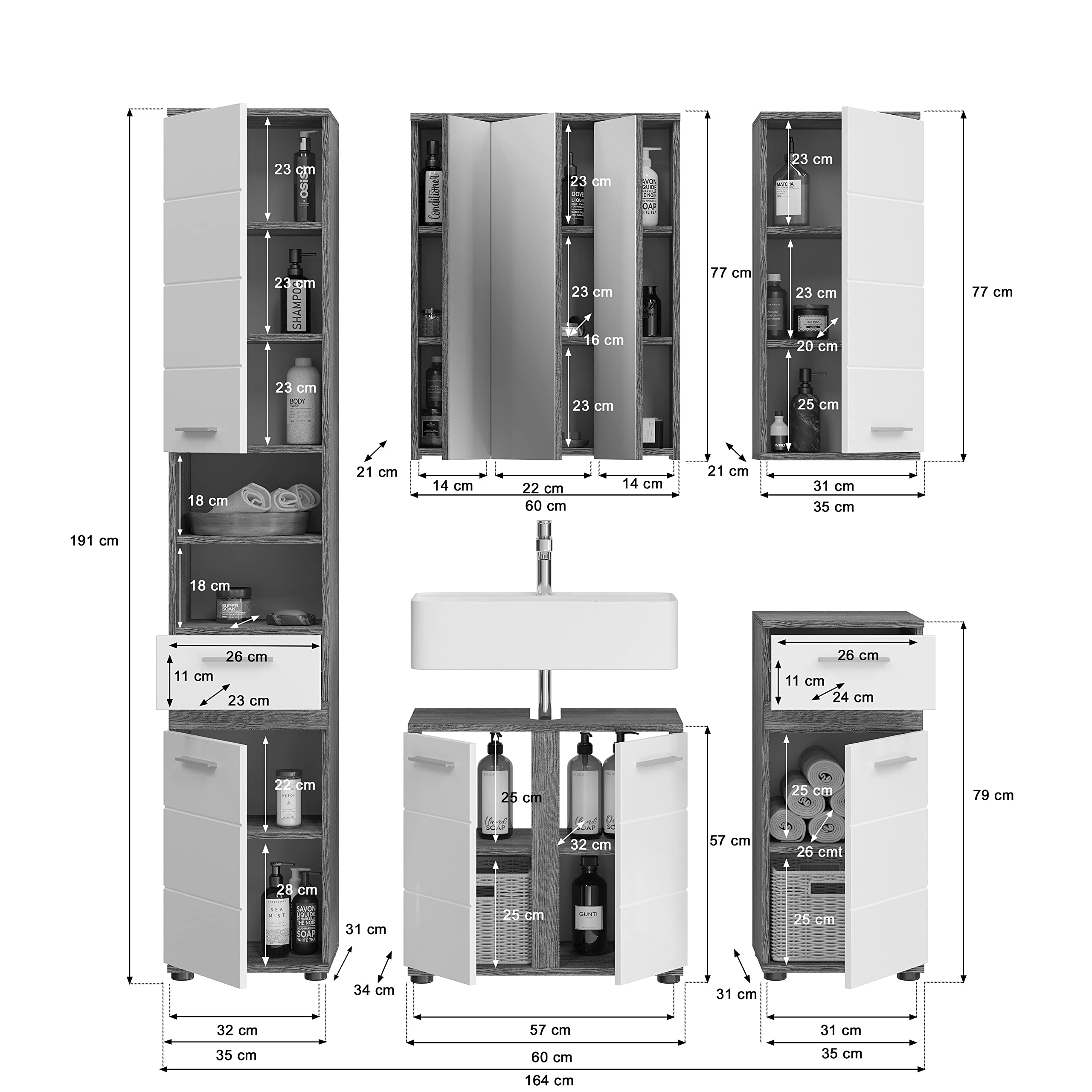 xonox.home Badezimmer Blake 5tlg. Kombination Badmöbel Set Set für kleine Bäder Komplettprogramm Badezimmer Bademöbel-Set in weiß Hochglanz, rauchsilber Nachbildung