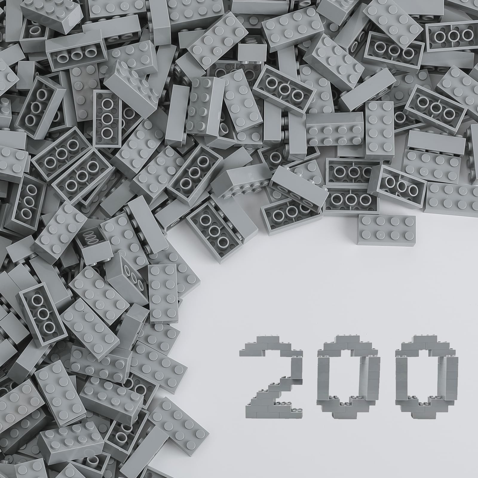 HUIZDQ 200 Piece Classic Small Building Bricks, 2x4 Building Blocks STEM Creative Build Toys, MOC Bulk Bricks DIY Play Set for Kids Age 6+(Light Grey, Small Bricks, 1.25x0.62x0.47 in)