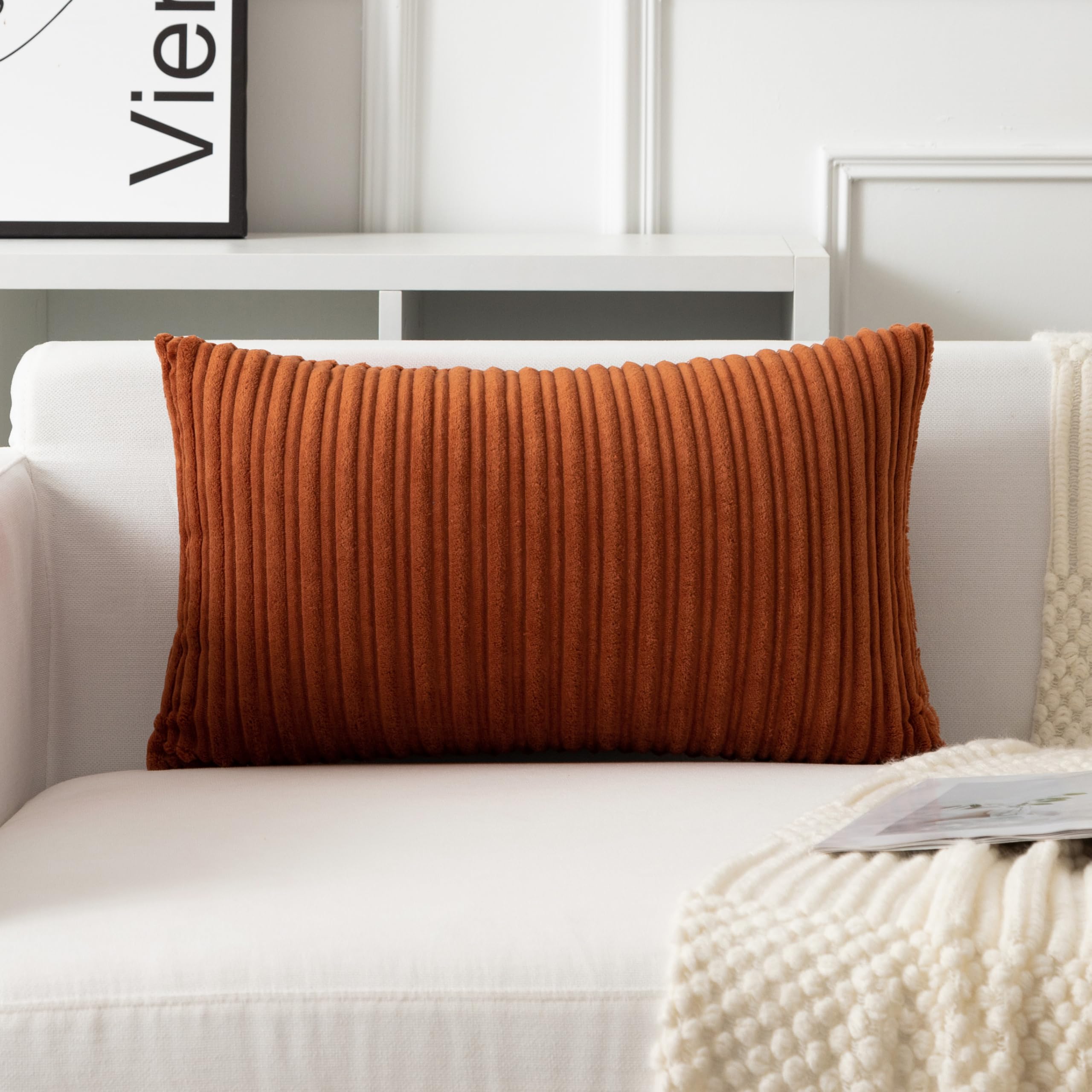 Photo 1 of UGASA Fall Velvet 12x20 Inch Lumbar Soft Throw Pillow Cover Boho Farmhouse Decorative Corduroy Striped Both Sides Solid Rectangular Cushion Case for Couch Bedroom Sofa Home, 1 Piece, Burnt Orange
