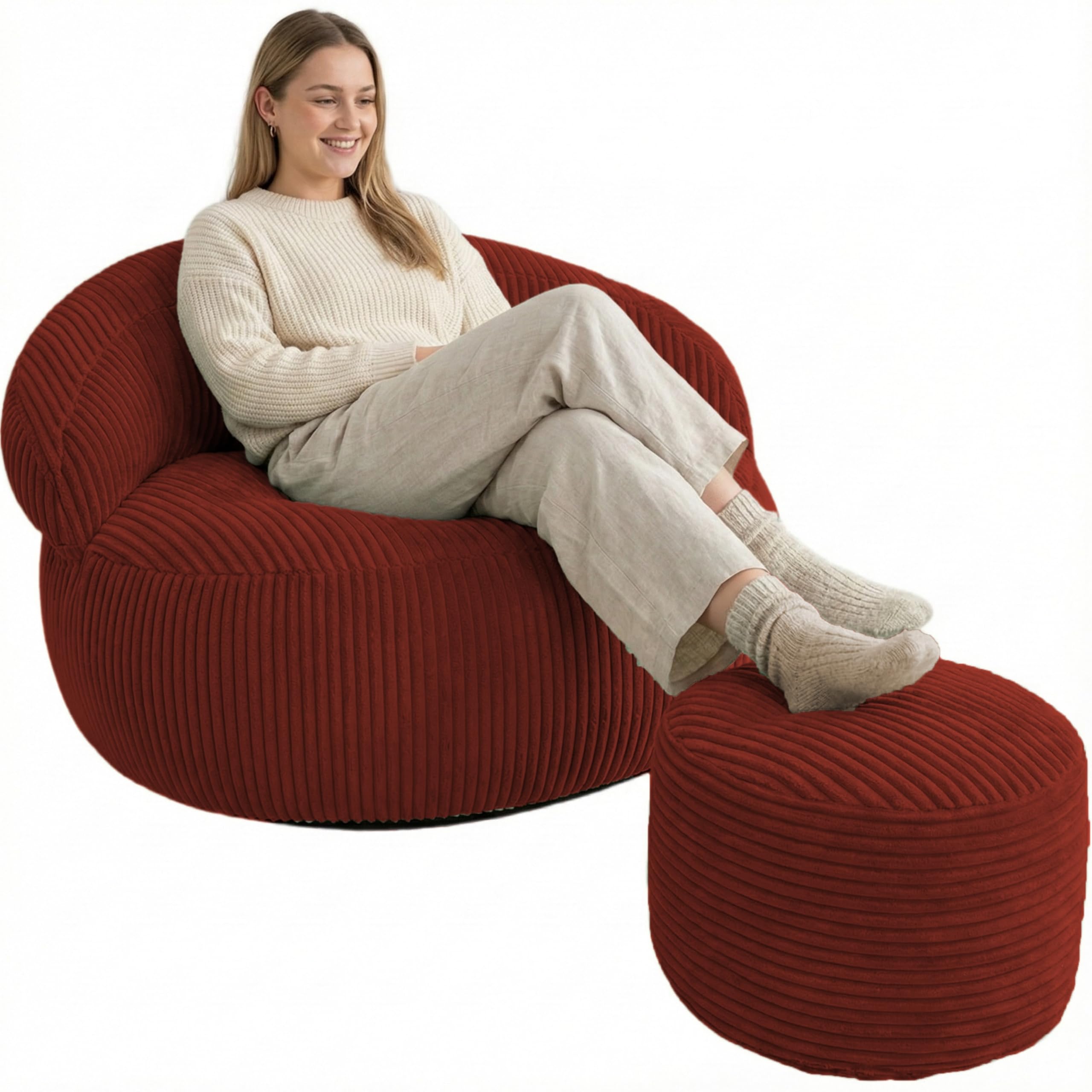 bananair – Puff Salón y Dormitorio en Pana - Puff Sillón XXL Suave y Elegante - Funda Lavable a Máquina - Ideal para Salón y Dormitorio, Adultos y Adolescentes (110 × 100 cm, Rojo Ladrillo)