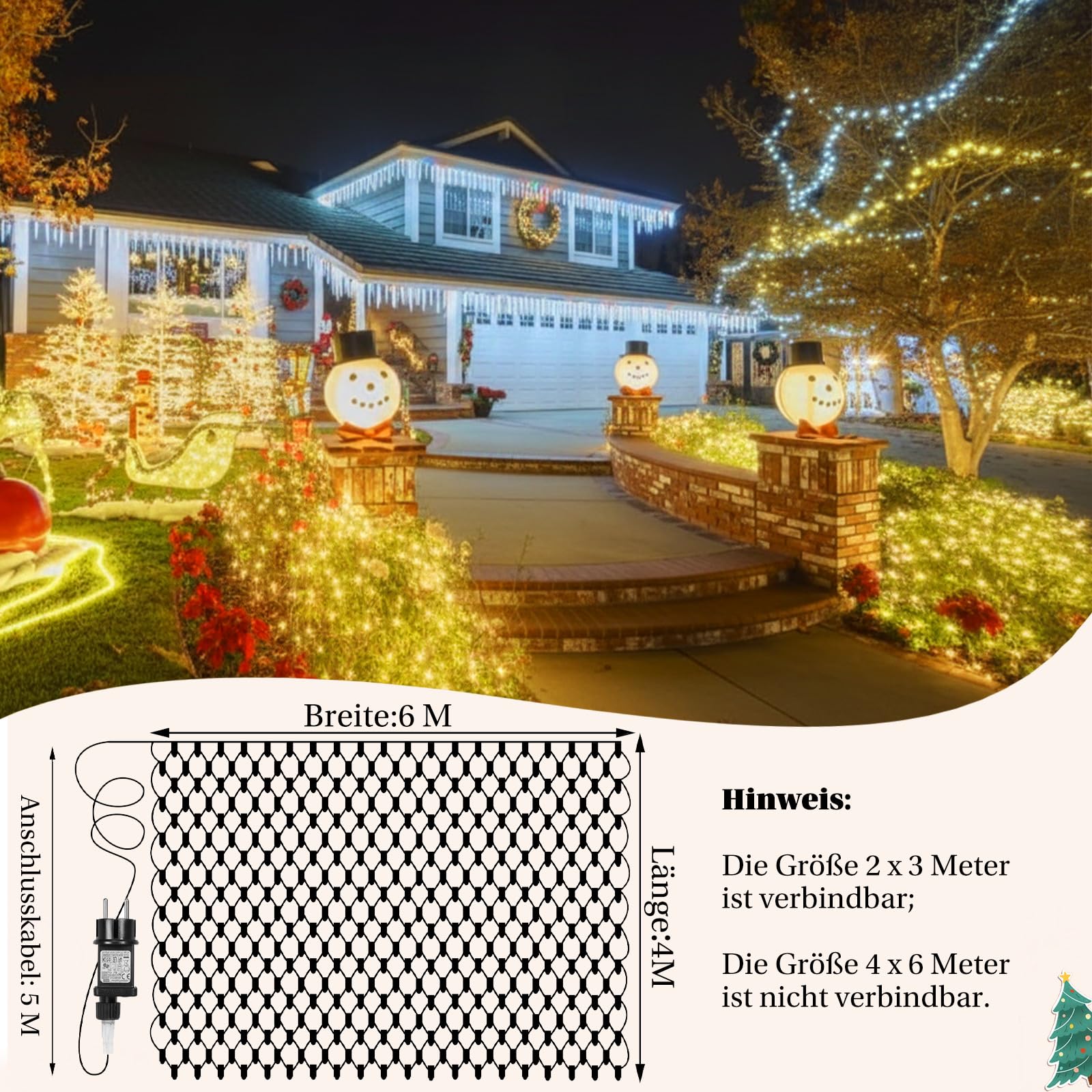 Lichternetz Außen Innen 6x4m, 660 LED Lichterkette Netz mit Timer 8 Modi Speicherfunktion, IP44 Lichtnetz für Büsche Garten Balkon Fenster Hochzeit Weihnachtsdeko, Warmweiß