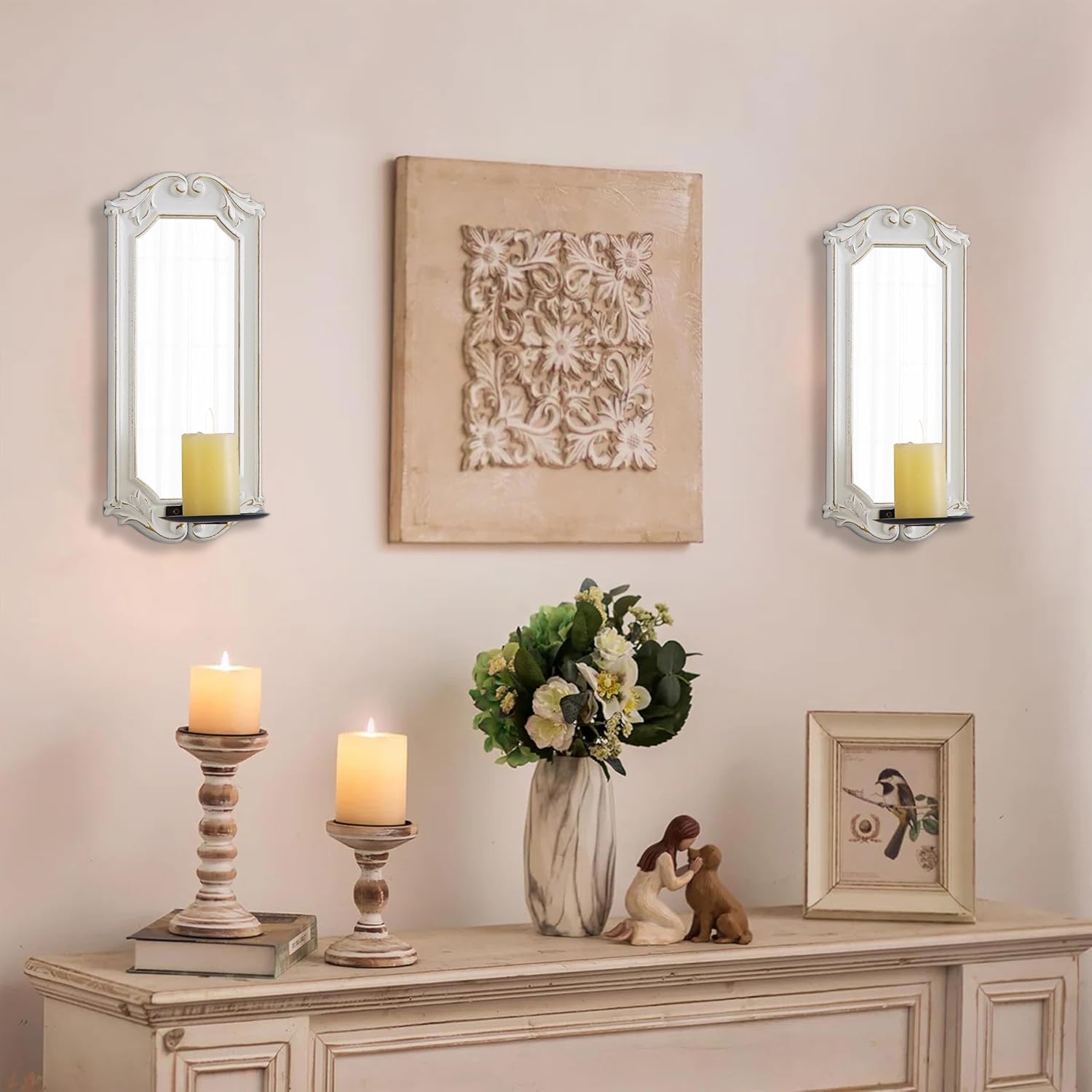SOFE White Candle Wall Sconce with Mirror, Wood Framed Wall Candle Holder