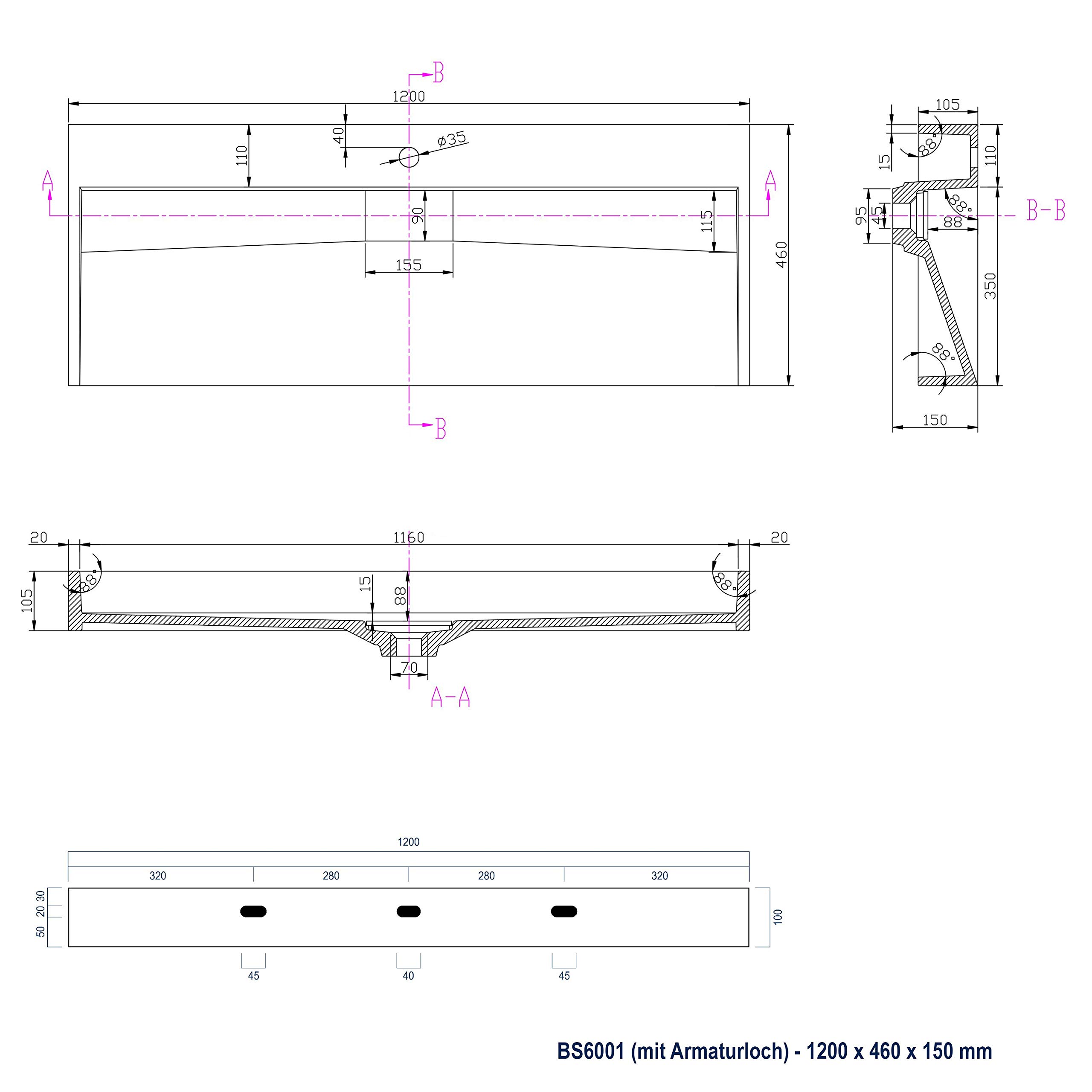 Lavabo sospeso o da appoggio in marmo artificiale BS6001 - bianco - 70cm / 100cm / 120cm, Larghezza:120cm - senza preforatura
