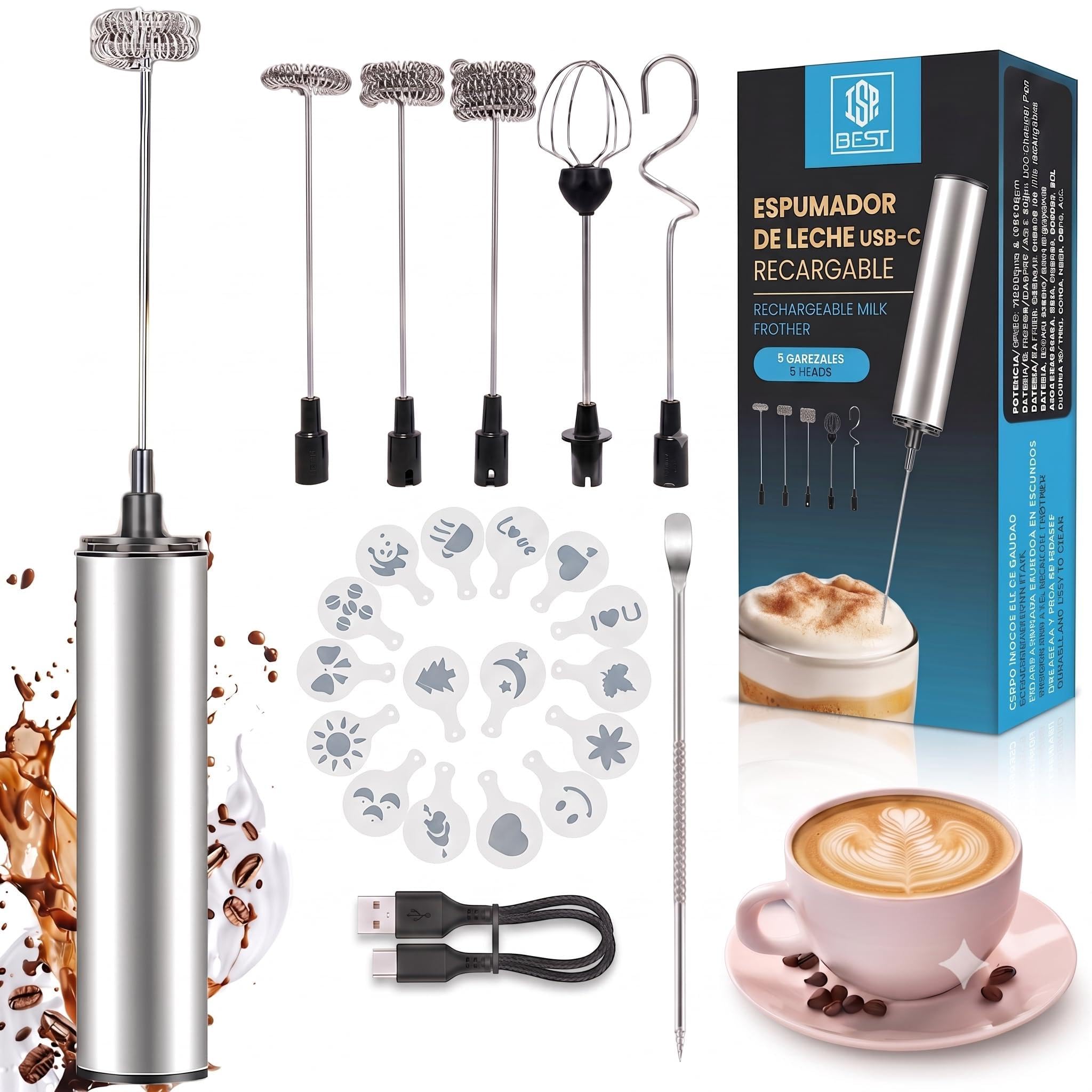 ISP-BEST Espumador de Leche Recargable USB-C, Pack Deluxe con 5 Cabezales Intercambiables y 16 Plantillas para Arte Latte, Batidor de Mano Profesional para Café, Matcha y Proteínas