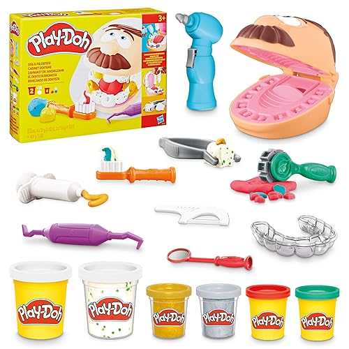Play-Doh Drill 'n Fill Dentist Toy for Kids 3 Years and Up with Cavity and Metallic Colored Modeling Compound, 10 Tools, 6 Total Cans, 2 Ounces Each, Non-Toxic, Assorted Colors