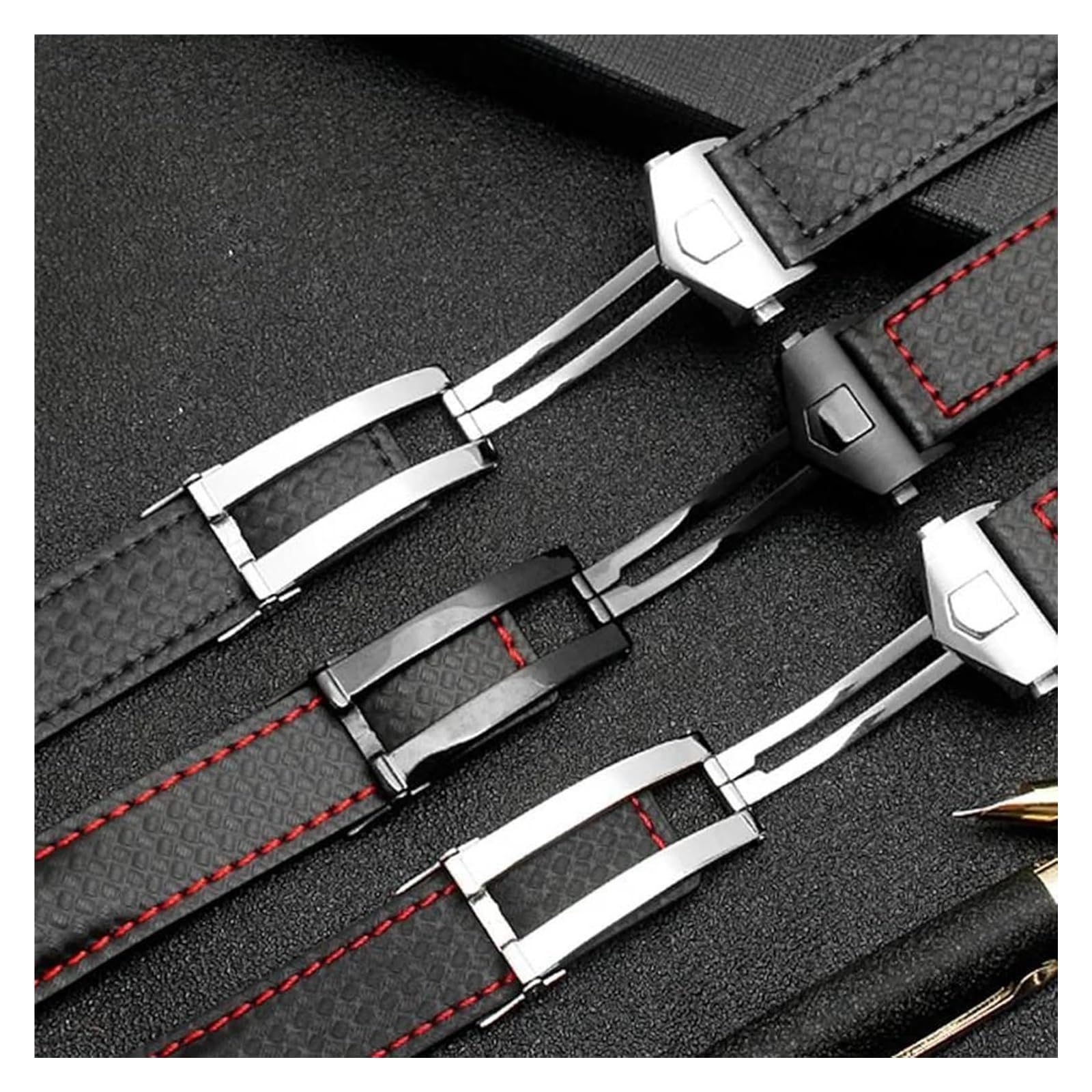 Uhrenarmbänder aus echtem Leder, Karbonfaser-Muster, echtes Leder-Uhrenarmband, Ersatzarmband for Herrenuhren(Black Red Silver,22mm)