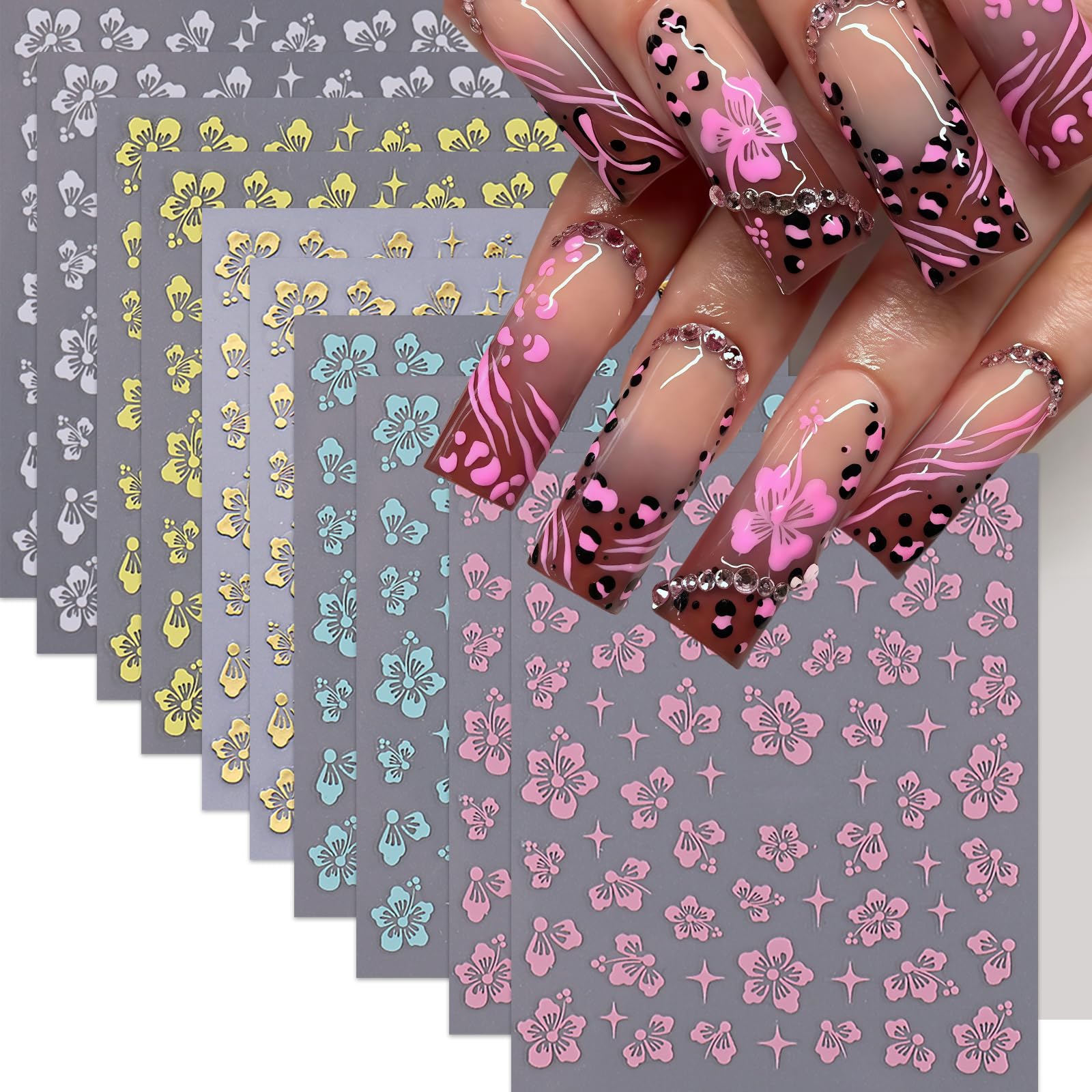 10 Sheets Hibiscus Flower Nail Stickers for Nail Art Petal Floral Nail Art Decals 3D Self-Adhesive Pink Blue Gold Silver Hibiscus Nail Design