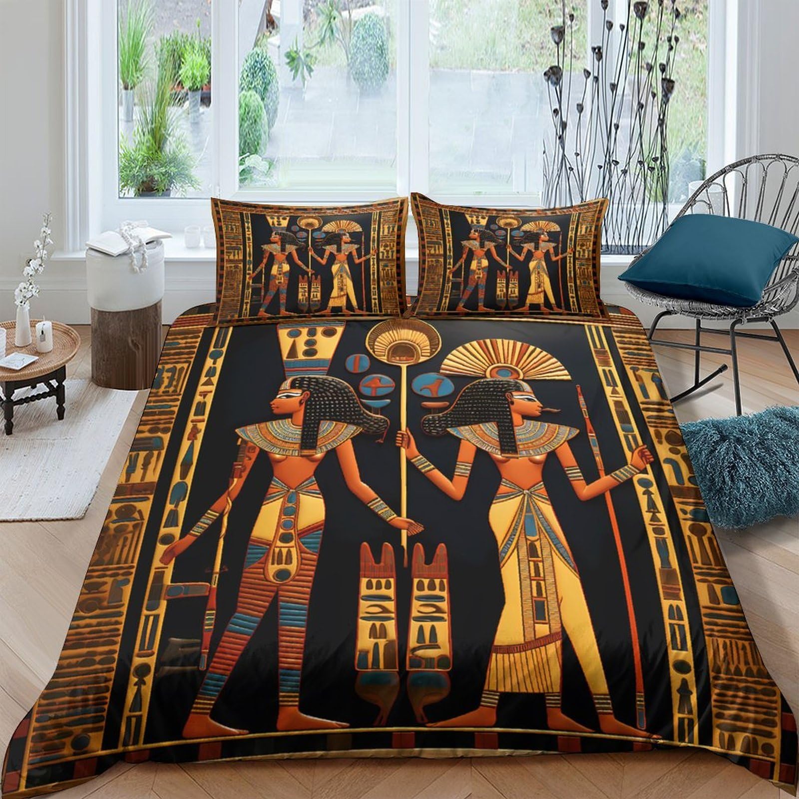GPLZQXKJNH 3D Printed Egyptian Goddess Duvet Cover Set Microfiber Soft Breathable Ancient Pharaoh Bedding Set with 2 Pillowcases for Bedroom Decor Single（135x200cm）
