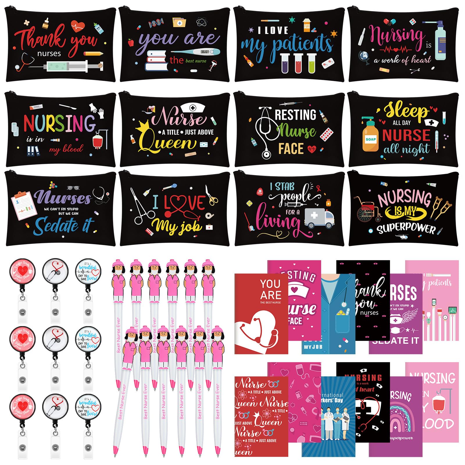 Trousse de maquillage et stylos à bille inclus dans ce grand coffret cadeau de 48 pièces