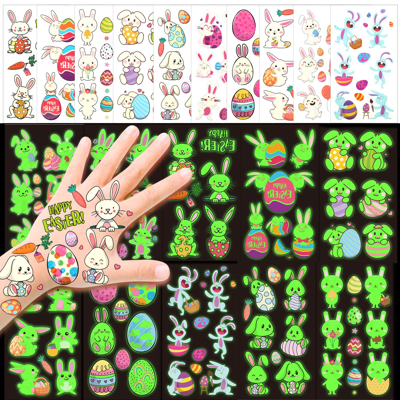 HOWAF 10 Sheets Easter Luminous Tattoo Stickers, Easter Glow in the Dark Temporary Tattoos Stickers for Kids, Easter Bunny Eggs Chick Pattern Fluorescent tattoo stickers for Easter Decoration