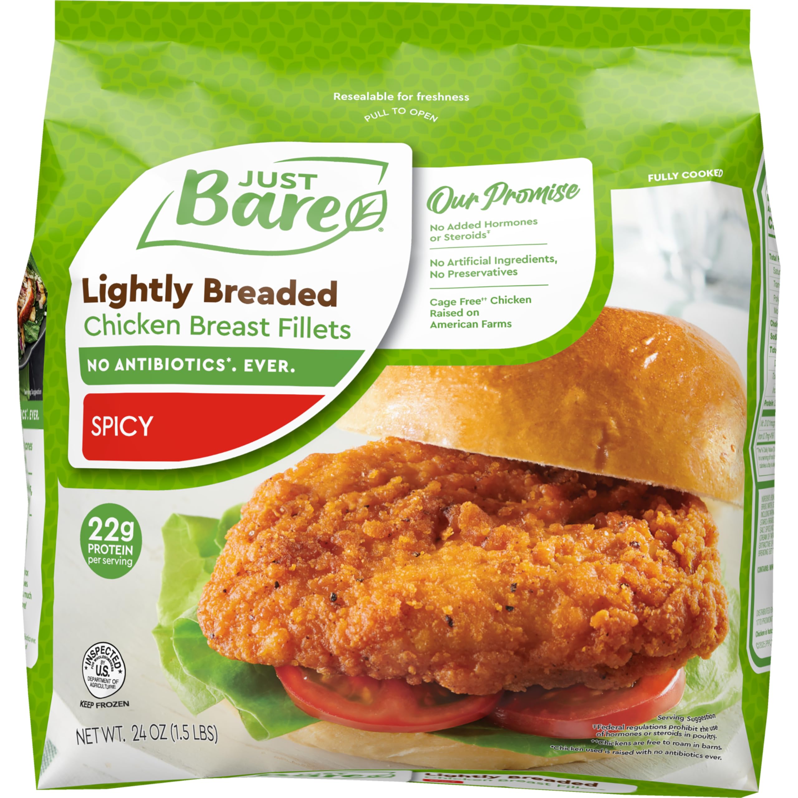 Just Bare Chicken Lightly Breaded Spicy Breast Fillets Fully Cooked 22 G Protein Frozen 1 50 LB