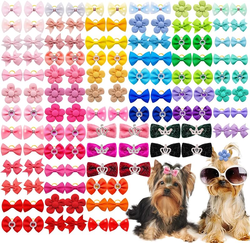 100PCS Multi-Style Assorted Dog Hair Bows for Small Puppies & Cats | Multi Popular Styles,Vibrant Colors，Mix Rubber Bands & Clips，Ideal For One-stop Pet Grooming Accessories