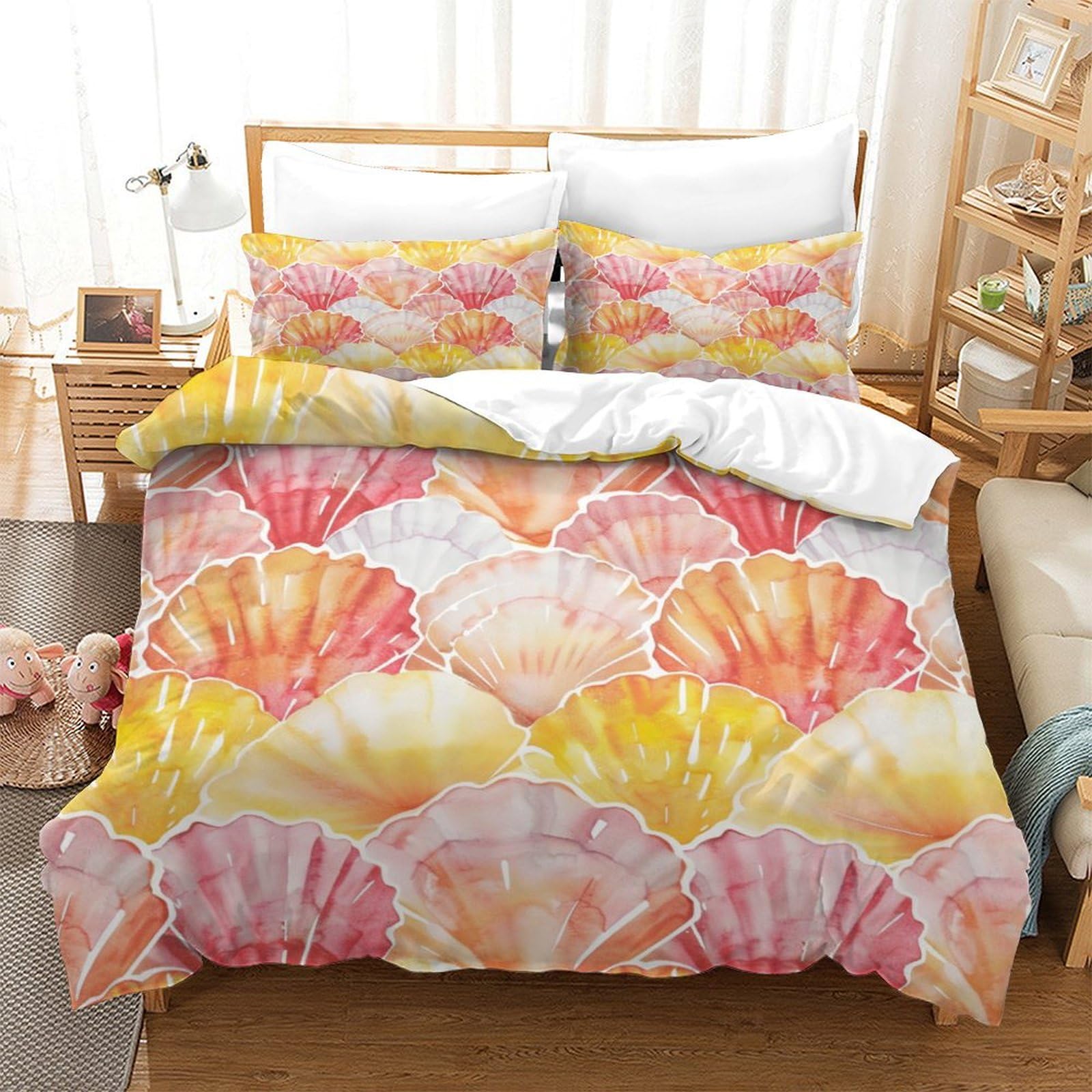 P1S9U7W5Y 3D Printed Colorful Shell Duvet Cover Set 3pcs Microfiber Ocean Theme Shell Bedding Set Double（200x200cm）