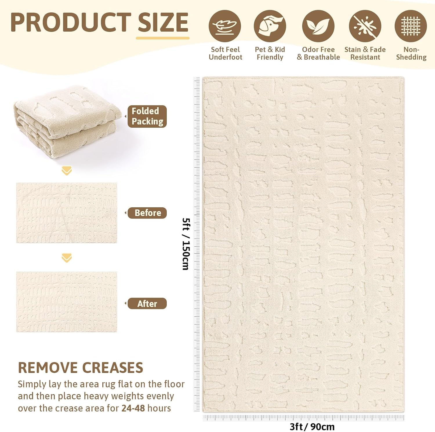 Yamaziot 3x5 Washable Area Rug, High-Low Grid Textured Bedroom Rugs, Soft Fluffy Non-Slip Mats Stain Resistant Contemporary Boho Carpet for Bathroom, Entryway, Office