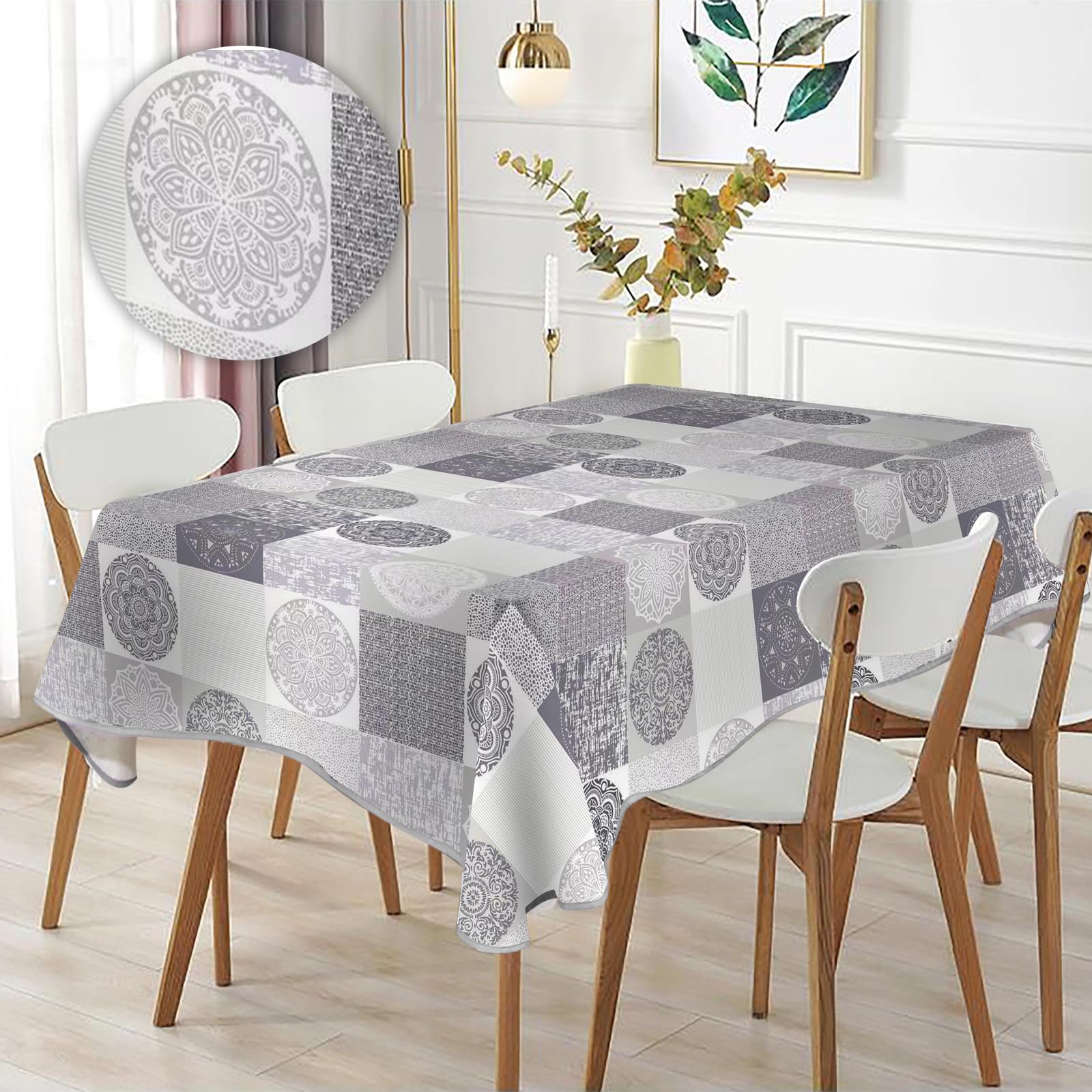Tovaglia rettangolare stampata impermeabile, stampa ad alta definizione, elegante e resistente,Omaggio 2 Pezzi Pinze Ferma Tovaglia (140_x_240_cm, Quadrato Grigio)
