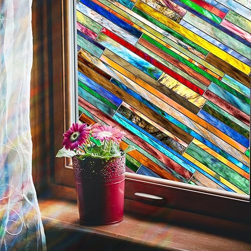 Miniatura 73 de Beautysaid Película de privacidad para ventana, vitral, prisma arco iris 3D, se adhiere a ventanas, bloqueo de calor, tinte para atrapasoles