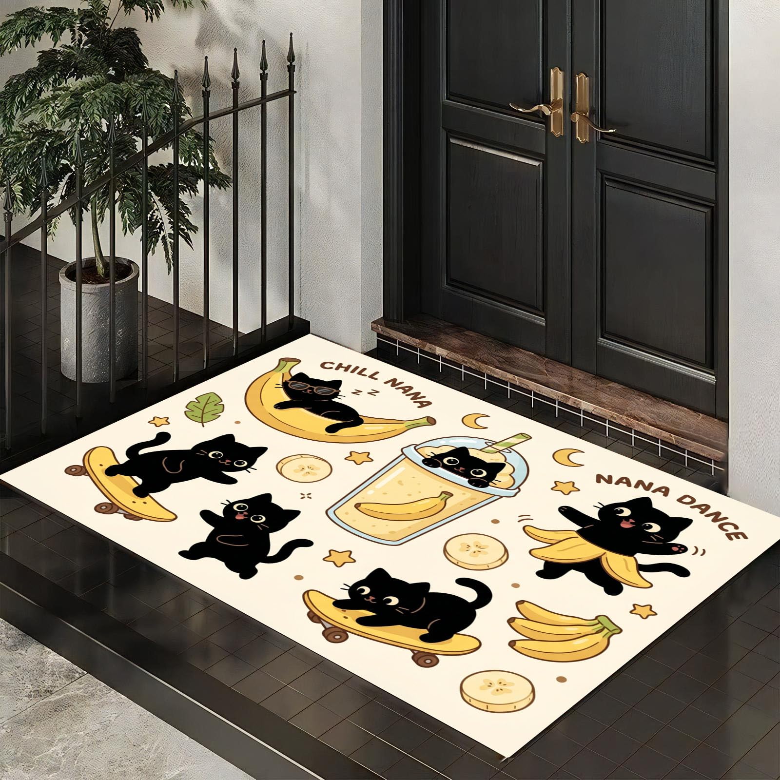 80X120Cm Zerbino Ingresso Interno Antiscivolo Assorbente, Tappeto In Microfibra Sottile Lavabile Con Gatti Divertenti Banane Tema Con Animali Carini Per Cucina Bagno Porta E Animali, Beige Giallo