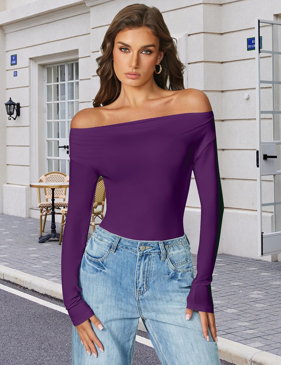 Avidlove Women Off the Shoulder Long Sleeve Bodysuit Double Lined Thong Body Suits Tops Soft Sexy Outfits - Image 4