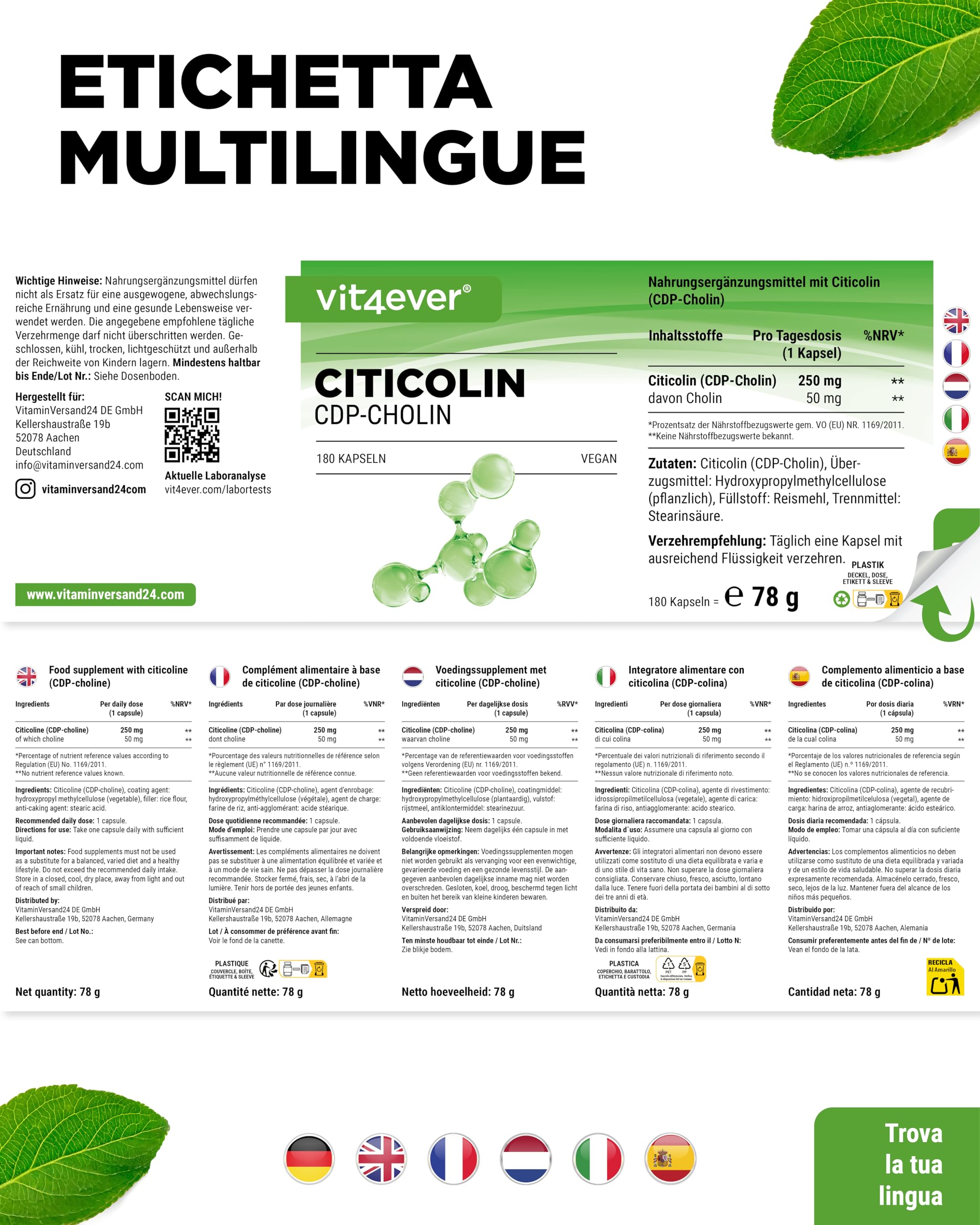 vit4ever CDP Choline (Citicoline) 250 mg - 180 Gélules - Hautement Dosé et Forme Bioactive de Choline - Vegan, sans additifs inutiles