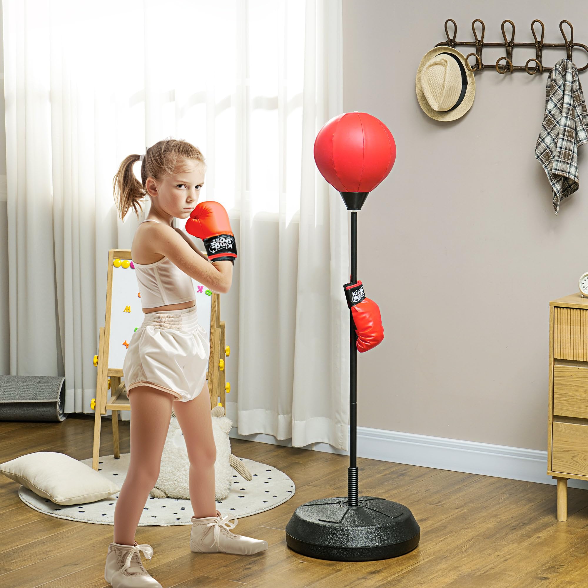 AIYAPLAY Set Punching Ball da Terra per Bambini con Guantoni, Pungiball Boxe con Altezza Regolabile da 122.5-147 cm, Età 5-10 Anni, Rosso