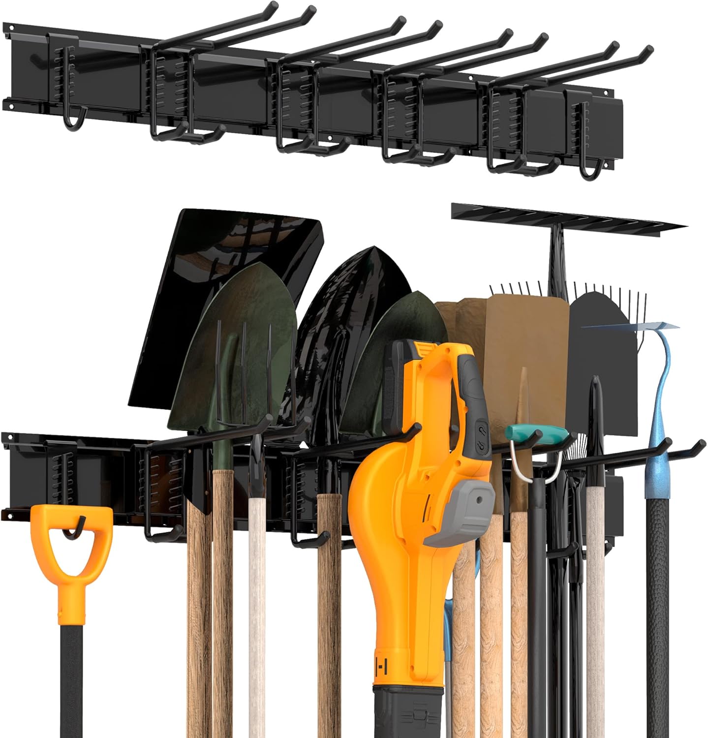 Sttoraboks Garage Tool Storage Rack, Heavy Duty Garage Storage Organizer Rack System Wall Mounted Tool with 6 double hooks, 2 rails